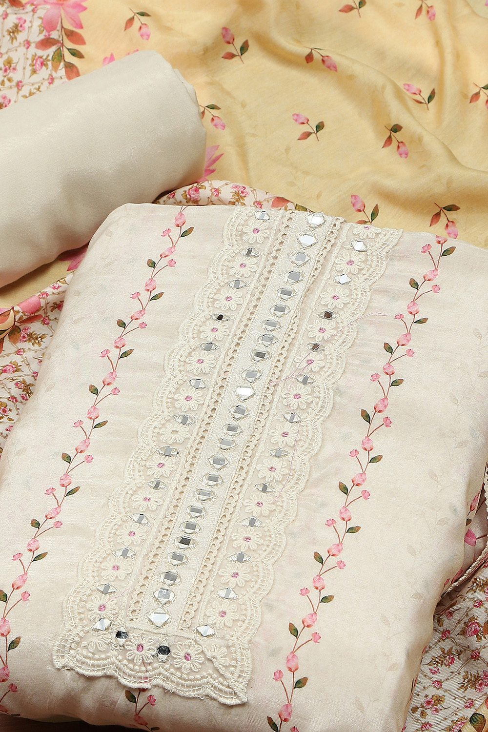 Yellow Muslin Digital Print Unstitched Suit Set image number 1