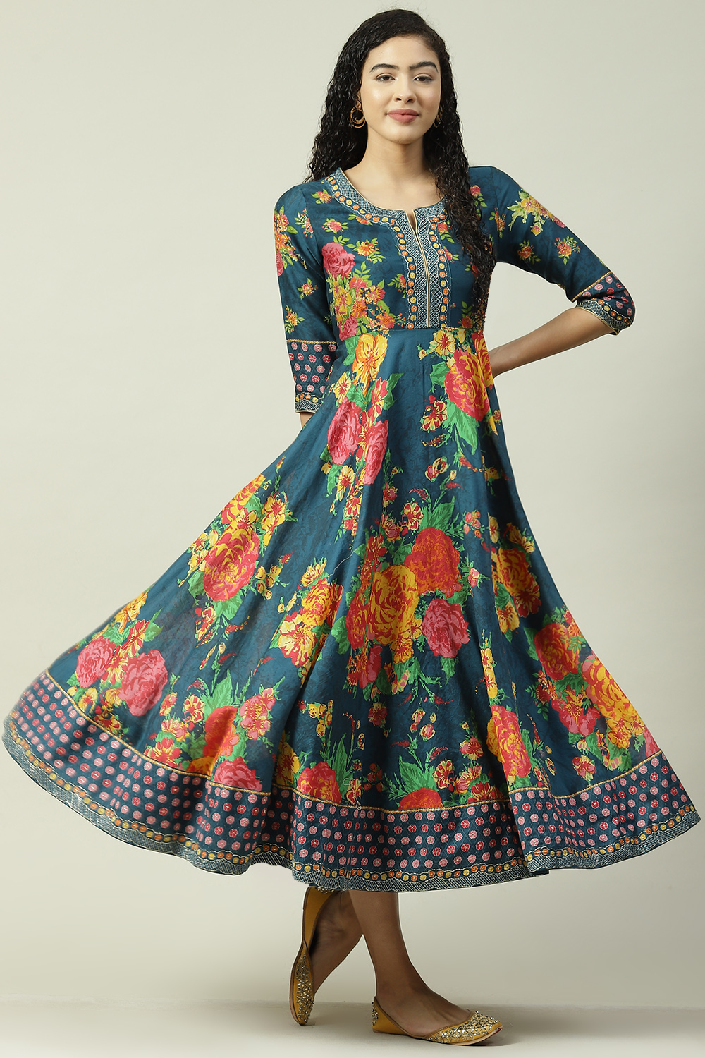 Red Cotton Flared Fusion Printed Dress image number 5