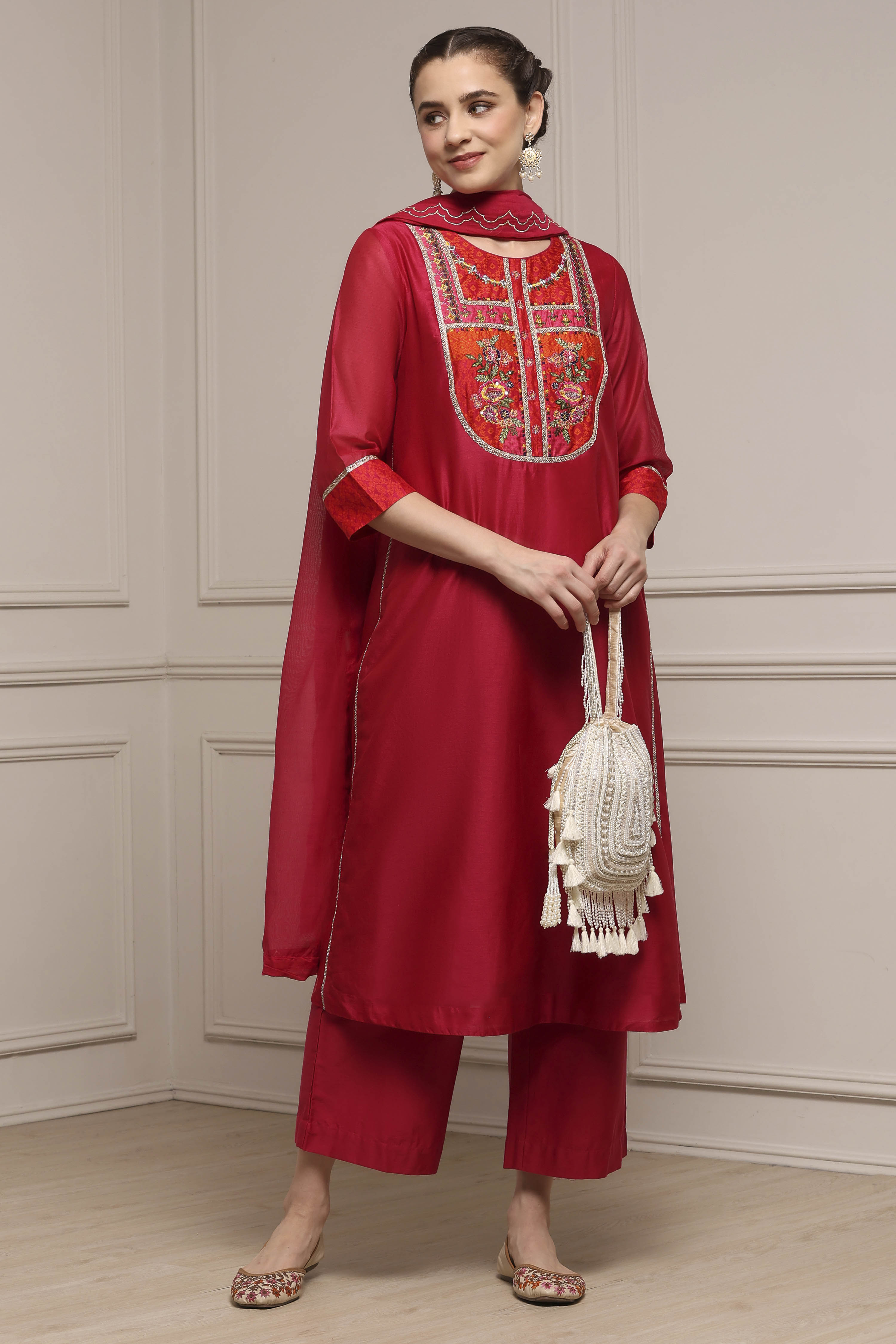 Pink Chanderi Kalidar Dyed Suit Set image number 0