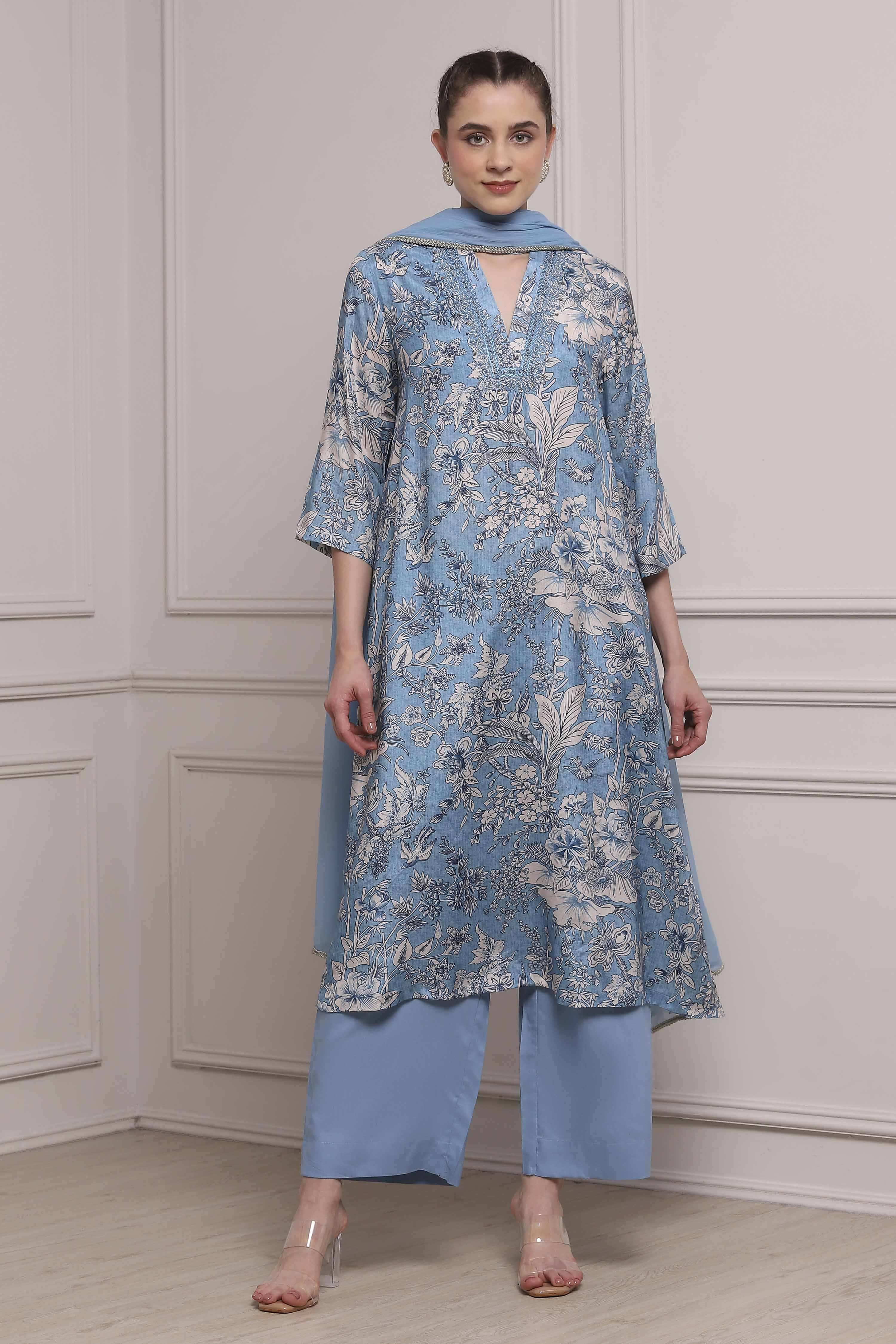 Blue Floral Printed Asymmetric Suit Set image number 6