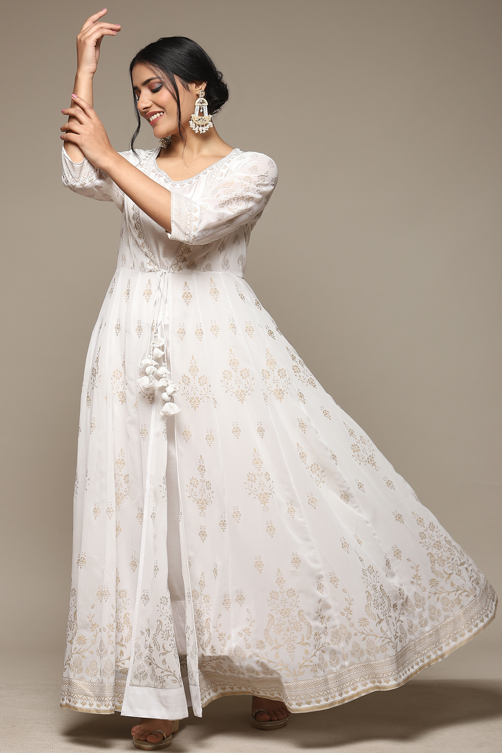 White Cotton Blend Straight Printed Dress image number 0