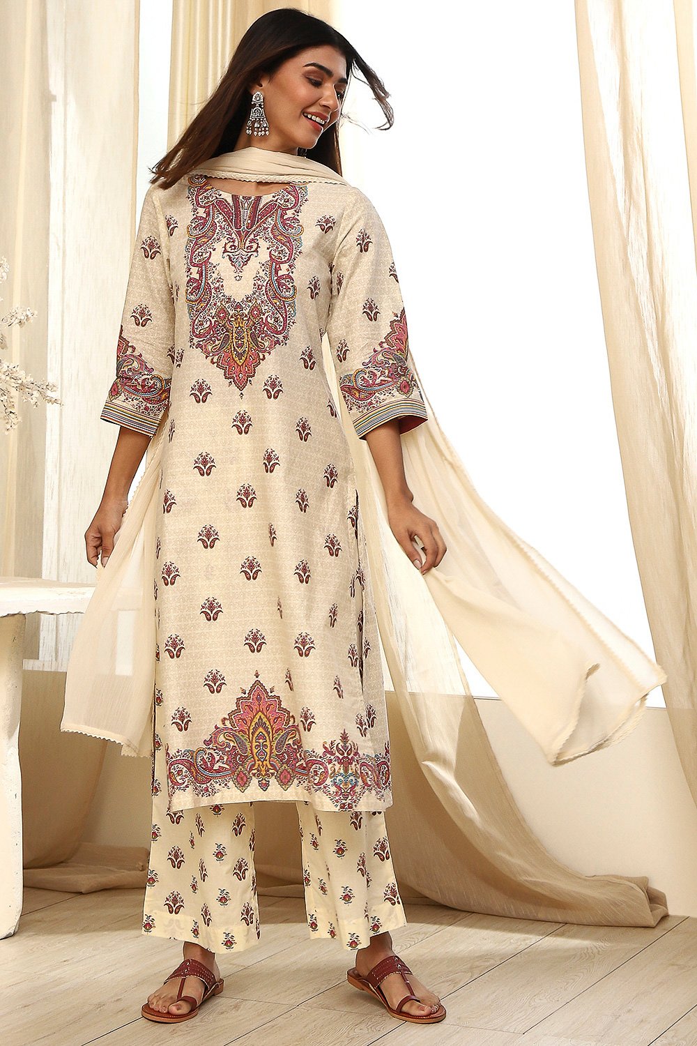 Beige Pure Cotton Printed Straight Suit Set image number 6