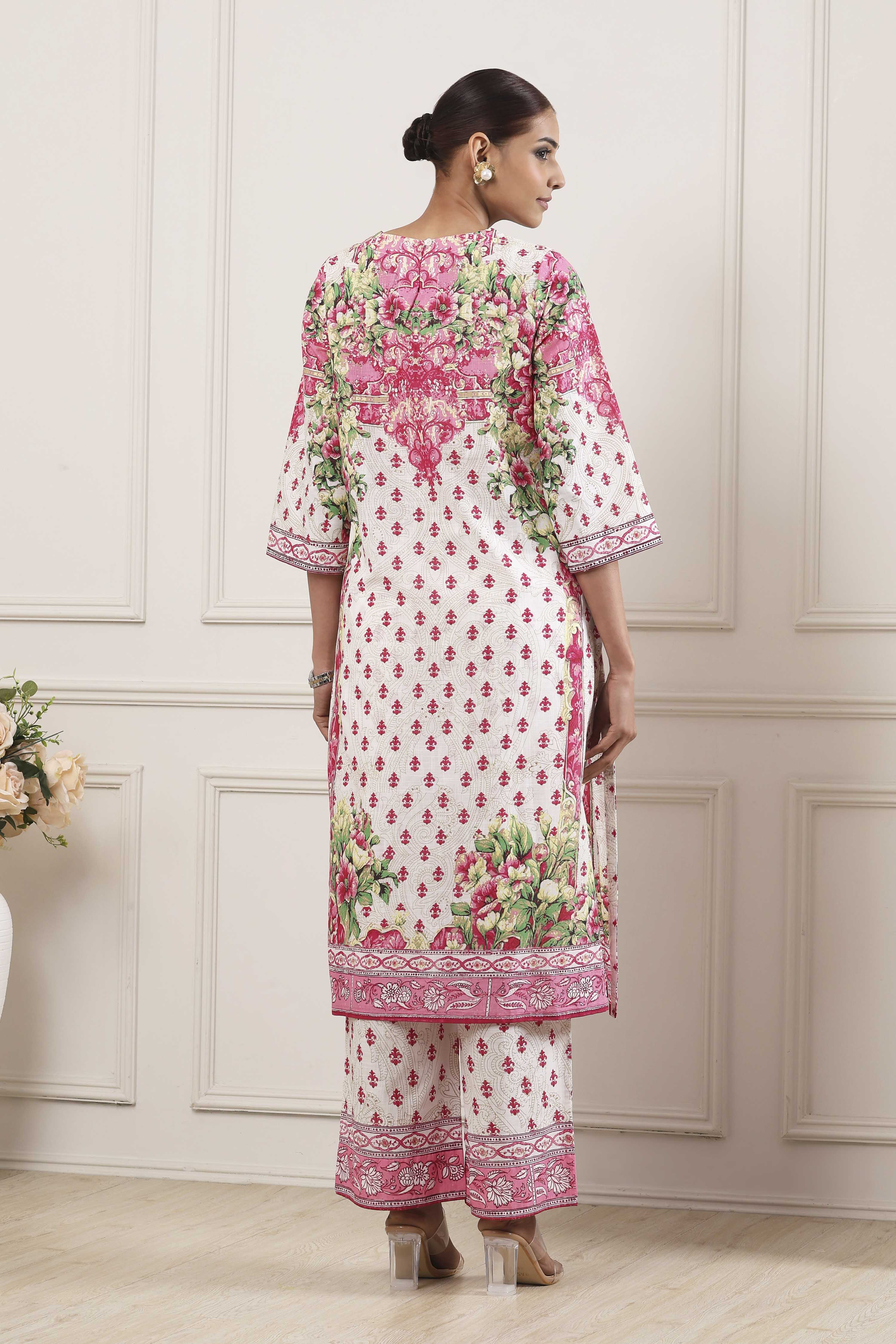 Pink and White Cotton Printed Straight Kurta Set image number 3