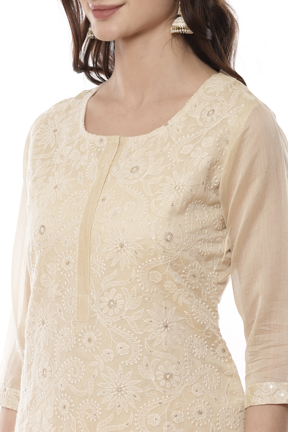 Beige Cotton Blend Machine Embroidered Unstitched Suit Set image number 1