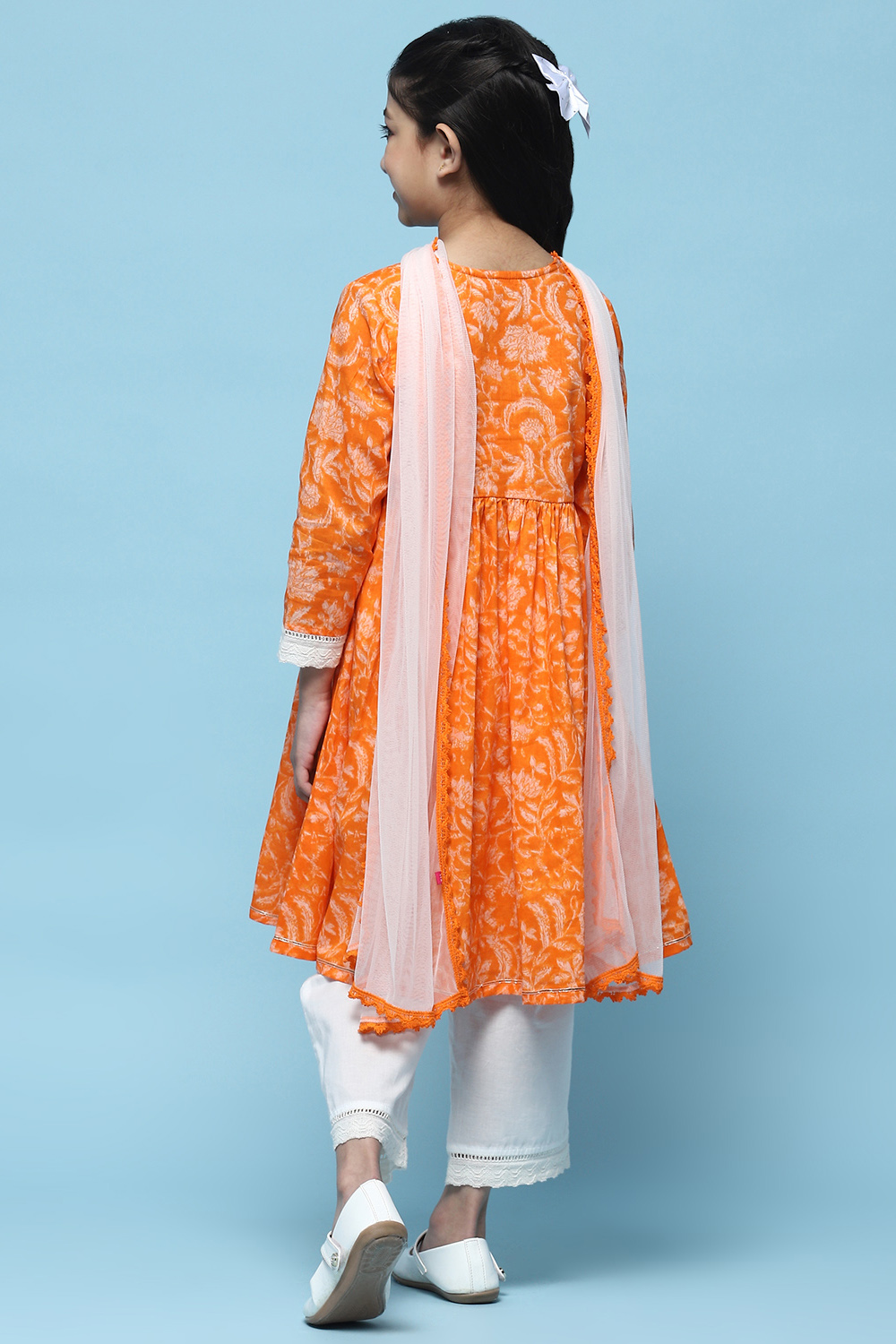 Orange Cotton Printed Flared Kurta White Palazzo & Dupatta image number 5