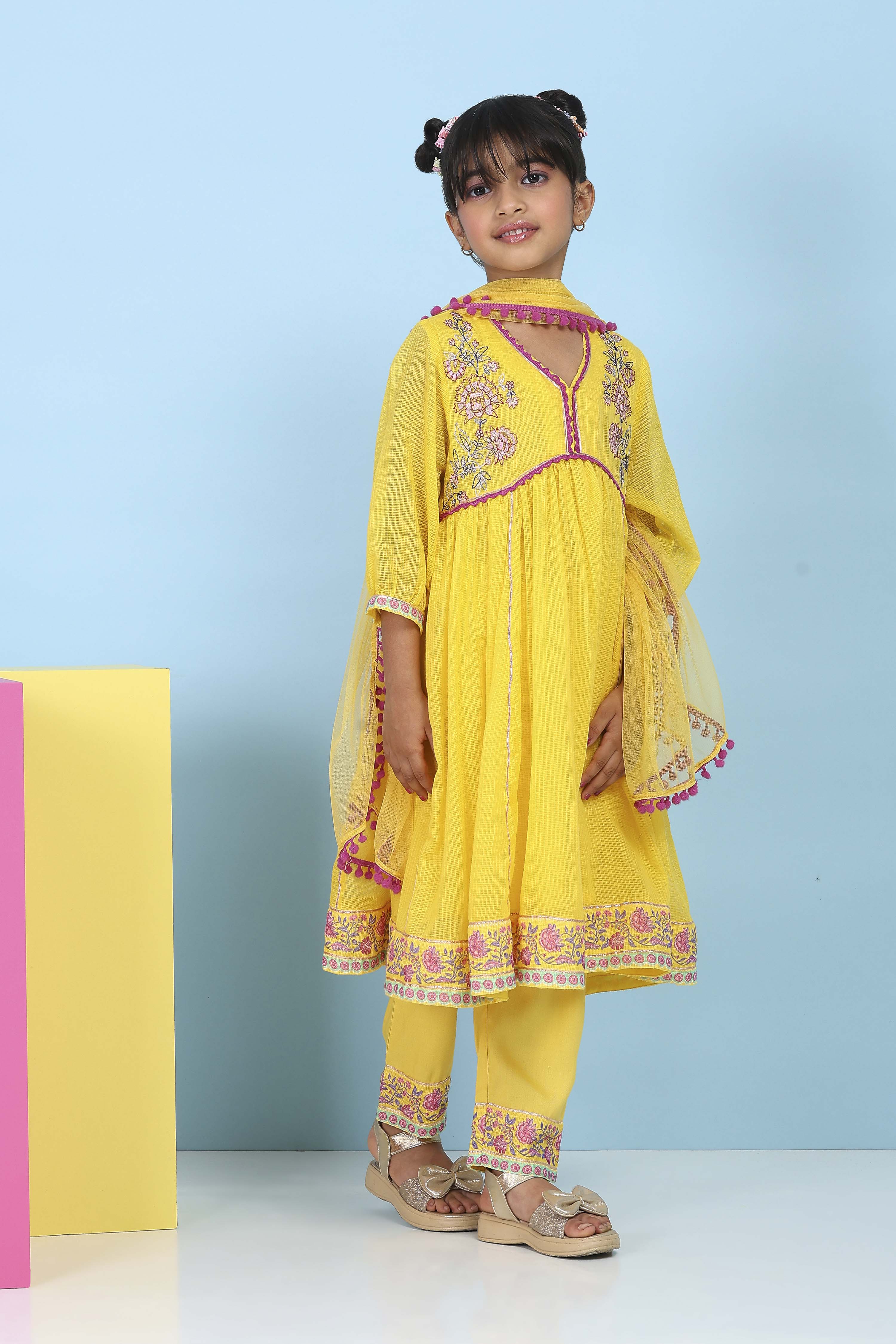 Yellow Cotton Embroidered Kalidar Suit Set image number 5