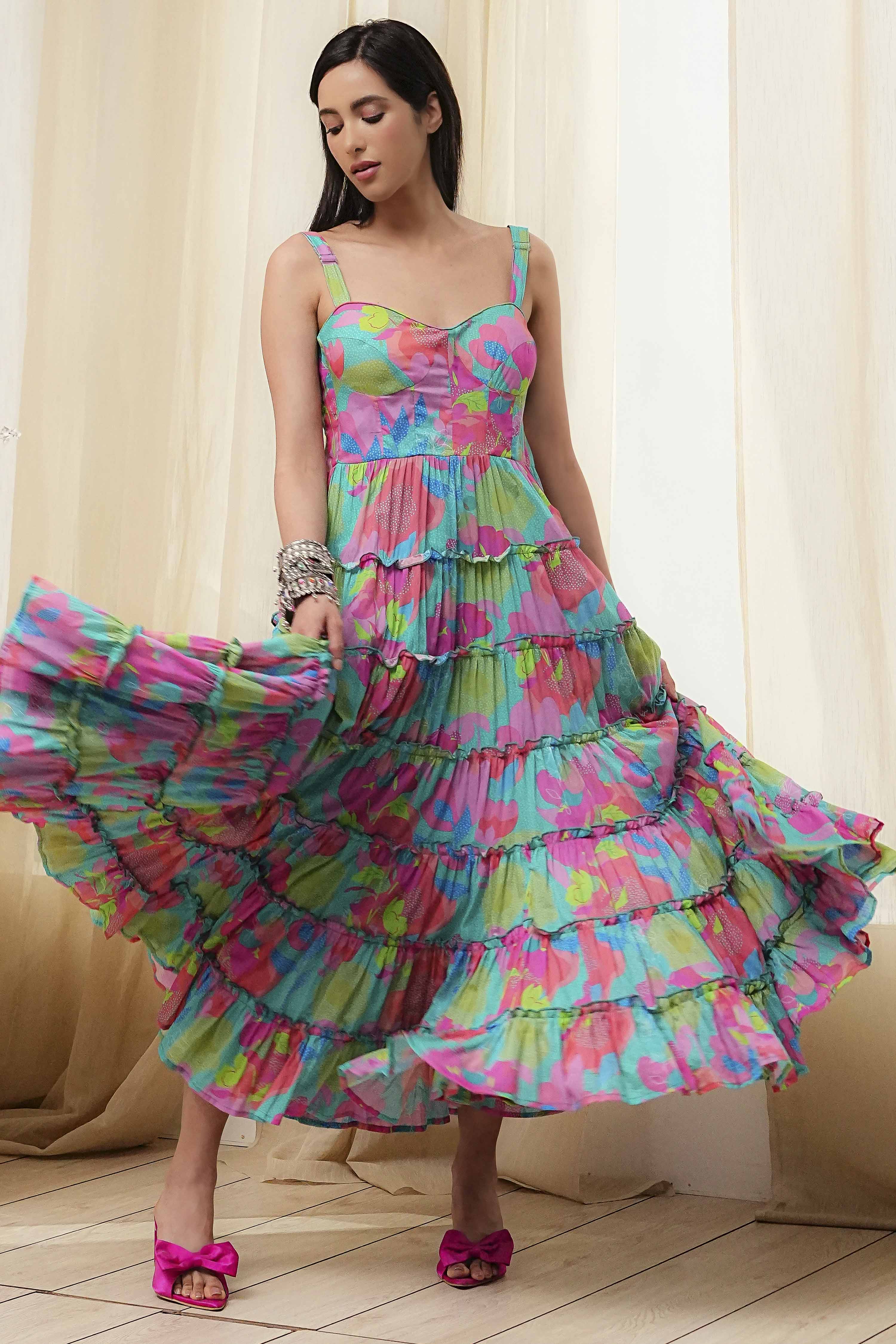 Turquoise Cotton Floral Printed Tiered Dress image number 6