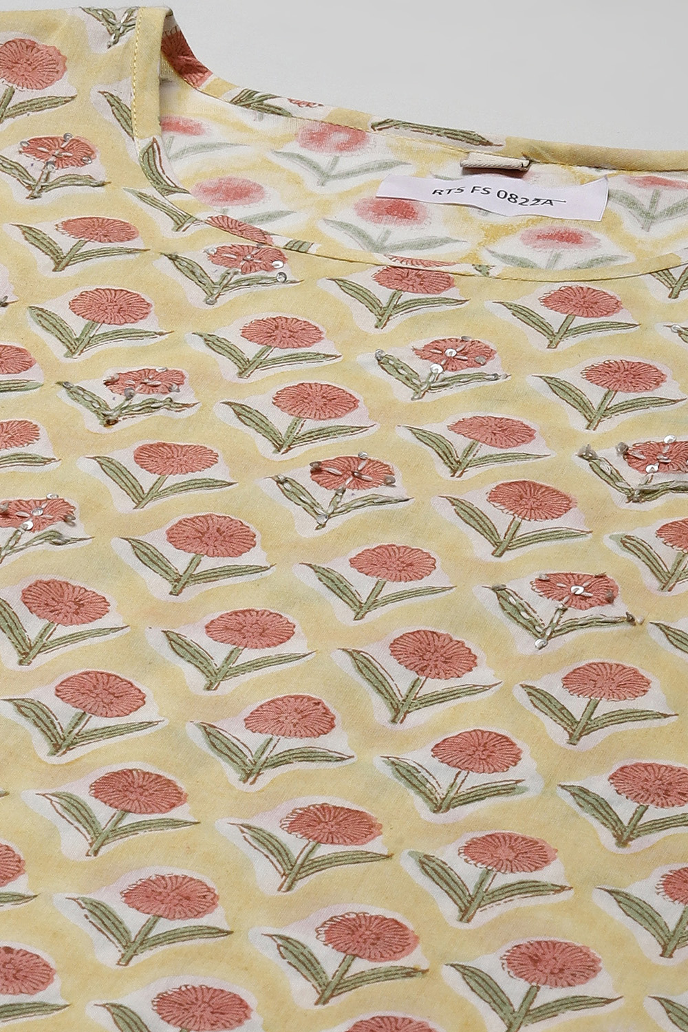 Yellow Cotton Hand Block Print Unstitched Suit Set image number 2