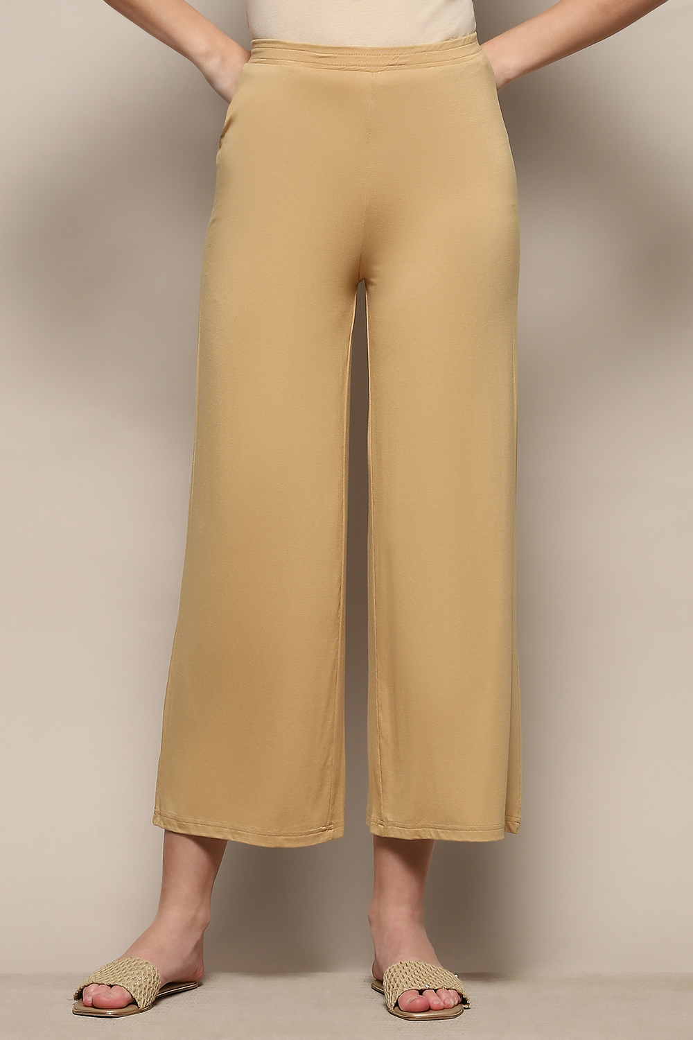 Beige Viscose Blend Solid Palazzo image number 5