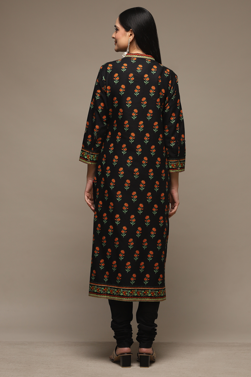 Black Cotton Straight Kurta Churidar Suit Set image number 4