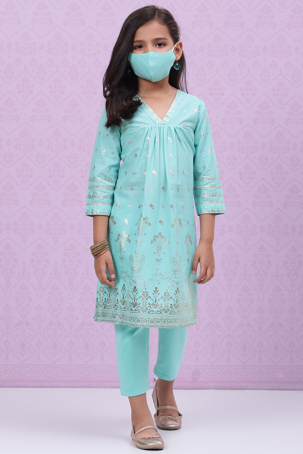 Blue Cotton Straight Printed Kurta Set image number 6