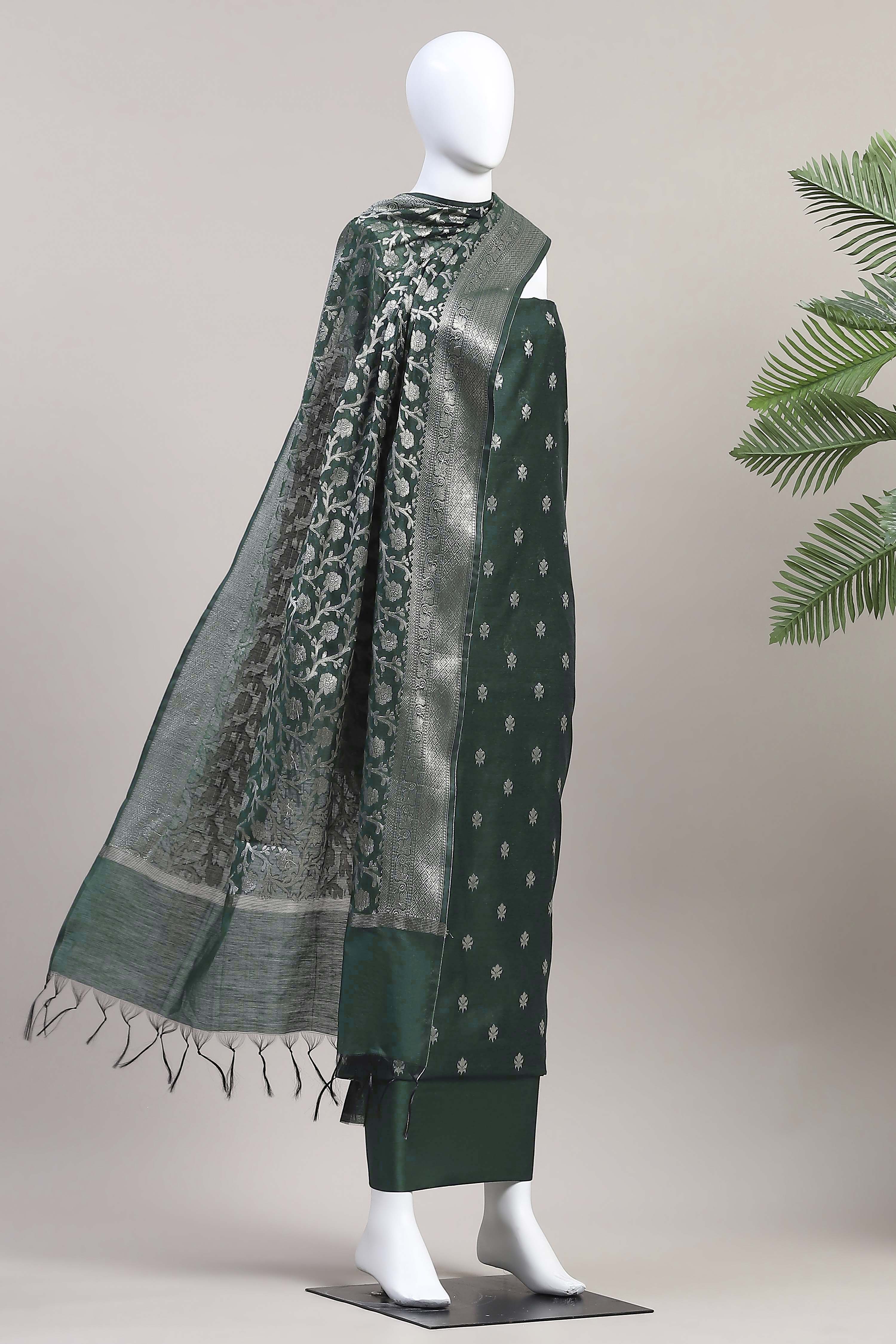 Green Black Poly Cotton Banarasi Unstitched Suit Set image number 4