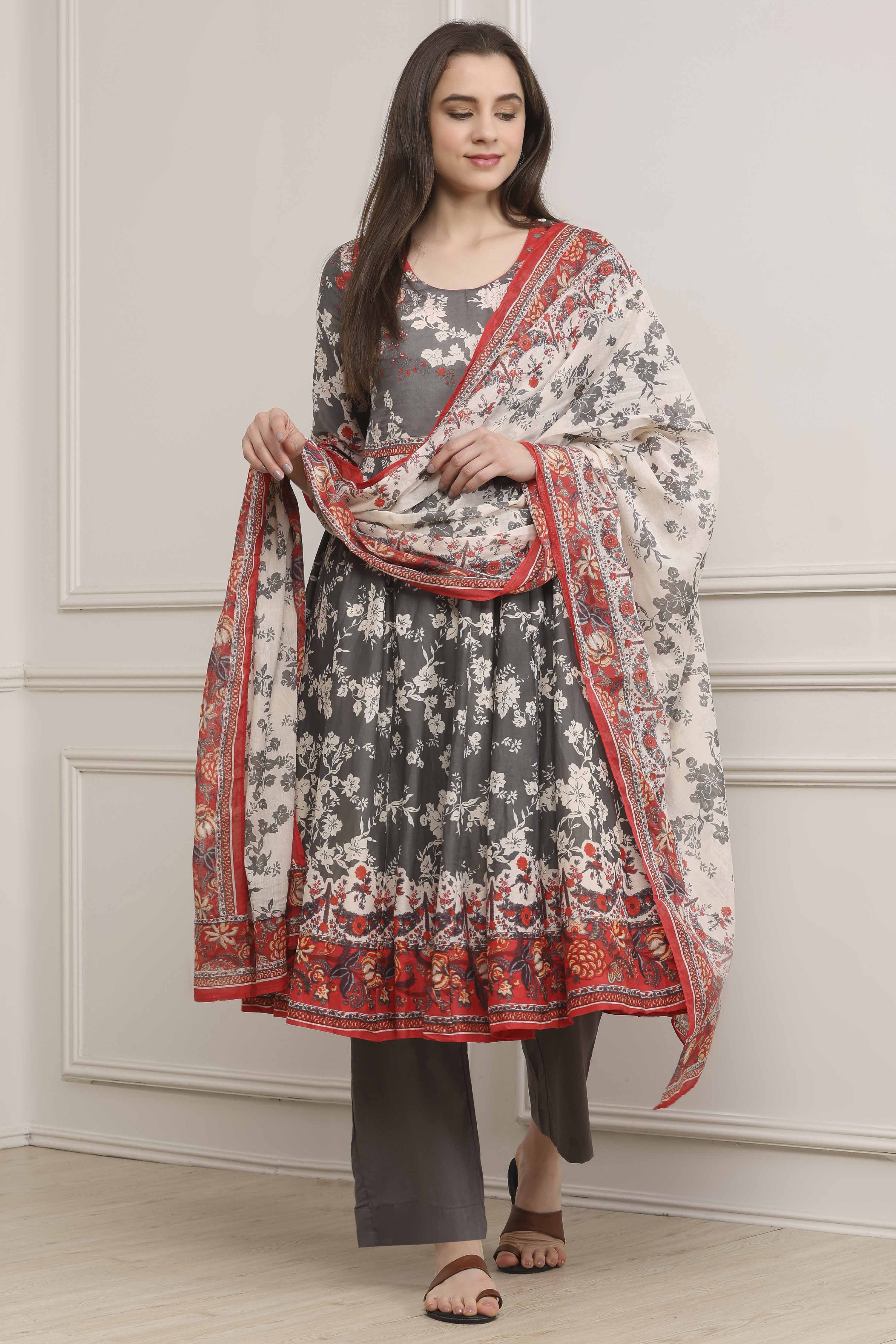 Grey Cotton Printed Anarkali Suit Set image number 0