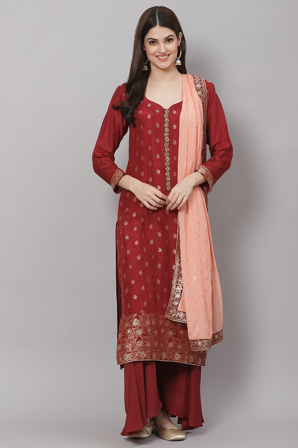 Off White Chanderi Machine Embroidered Unstitched Suit Set image number 5