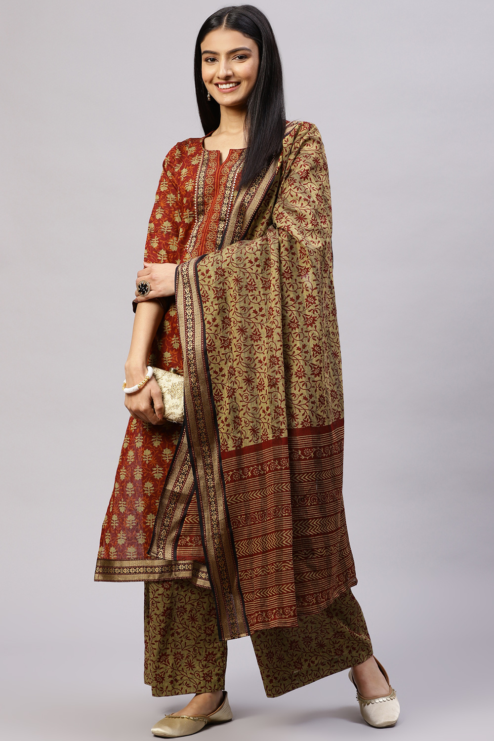 Red Cotton Woven Unstitched Suit Set image number 7