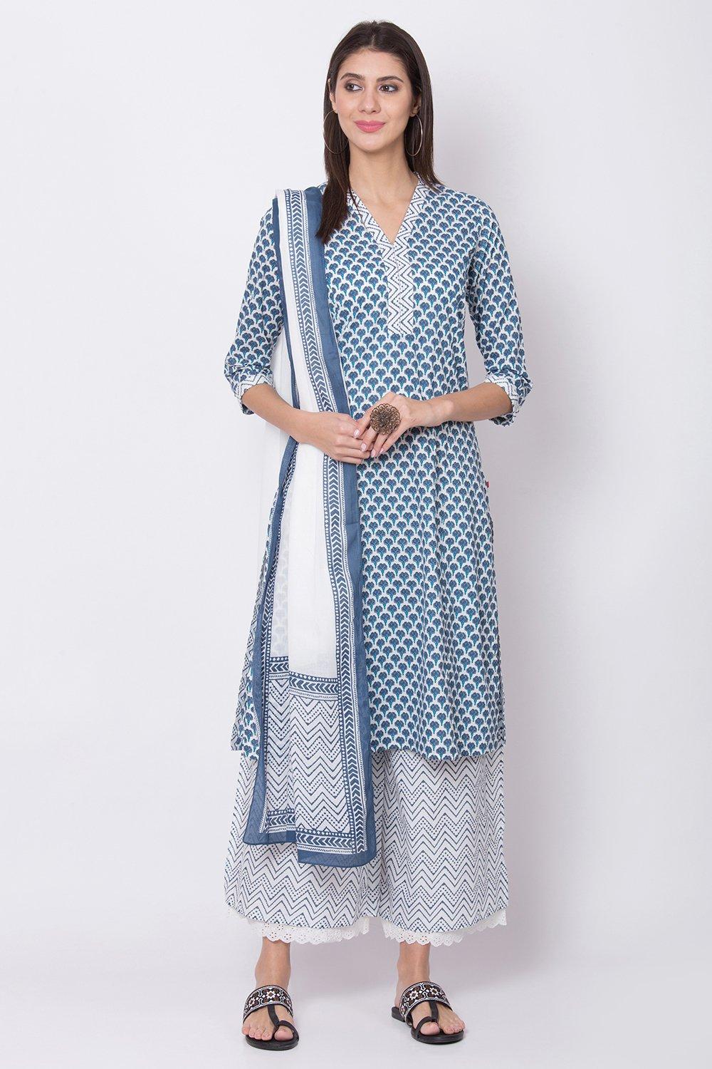 Blue Printed Straight Kurta Palazzo Suit Set image number 0