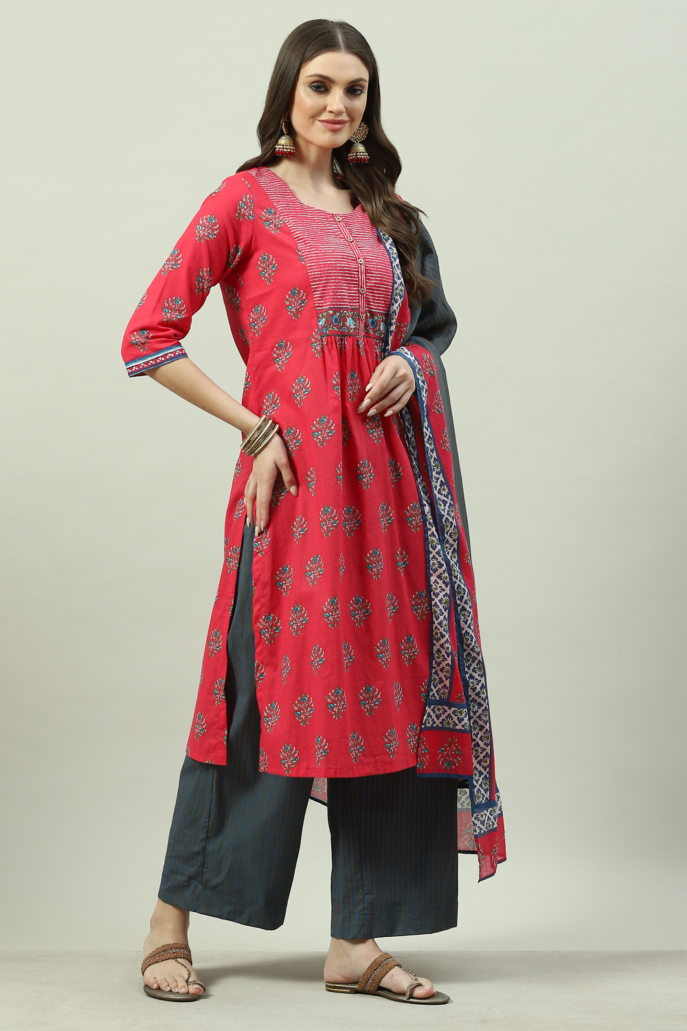 Blue Cotton Straight Suit Set image number 3