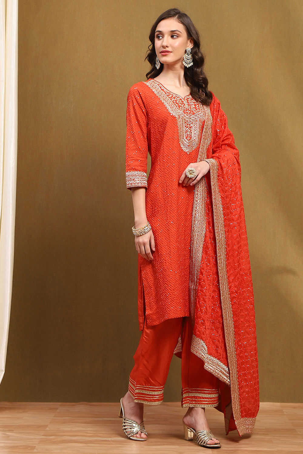 Orange Silk Embroidered Festive Straight Suit Set image number 5