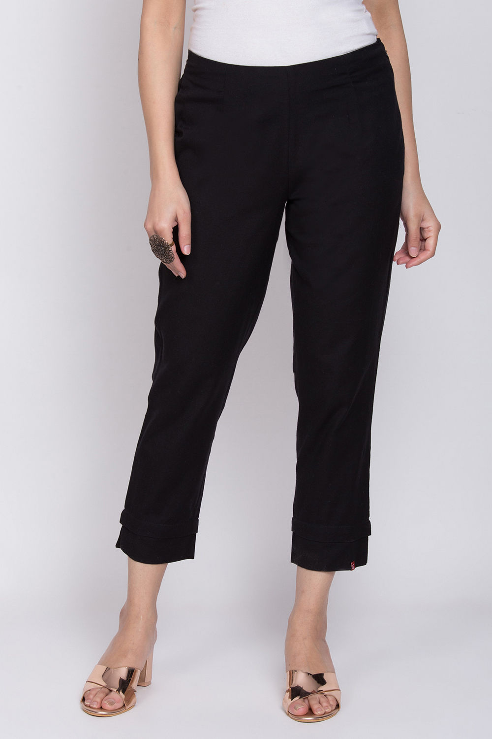 Black Cotton Blend Solid Pant image number 0