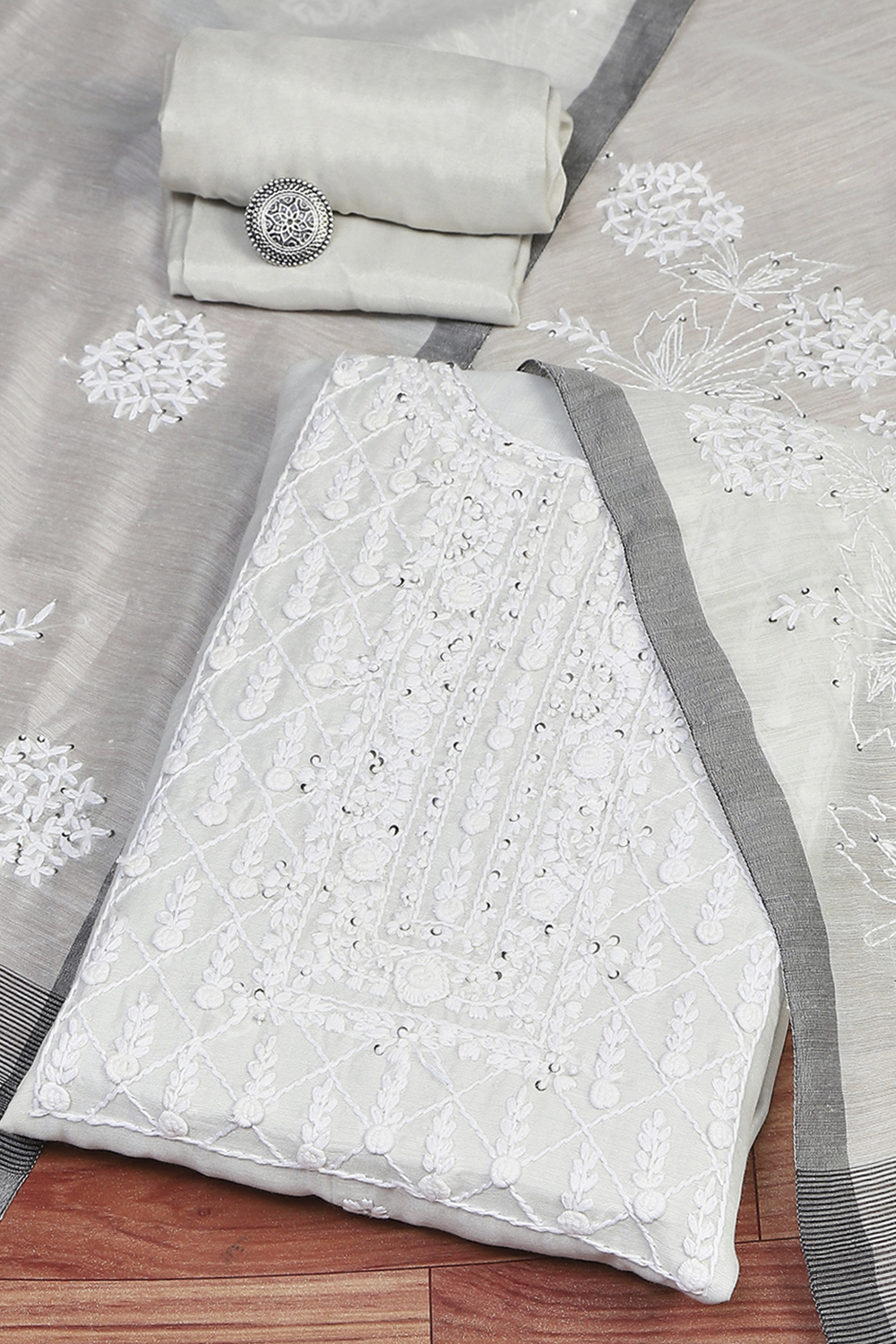 Grey Chanderi Machine Embroidered Unstitched Suit Set image number 0
