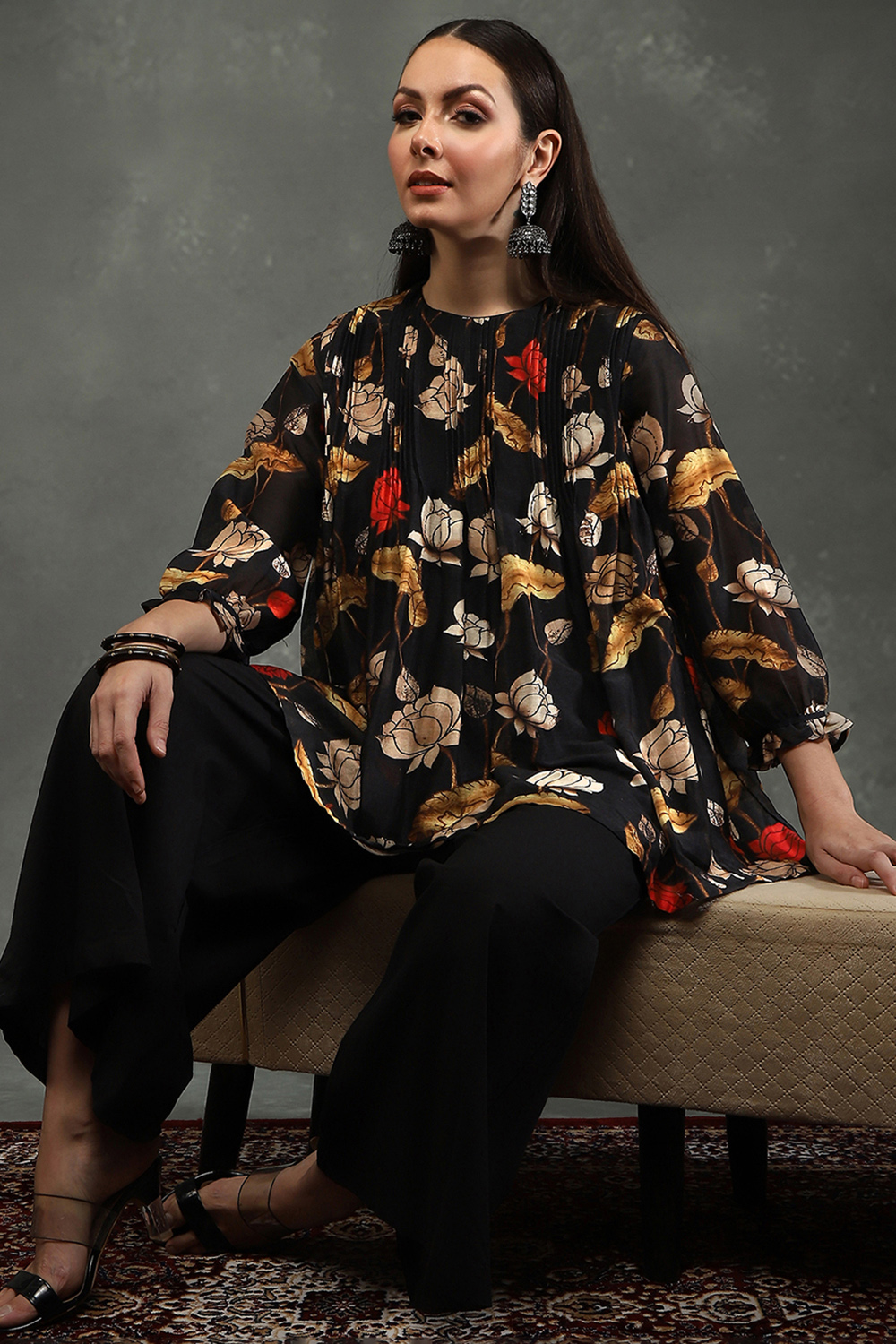 Cream-Colored Silk Chanderi Floral Printed Gathered Co-ord Set image number 0