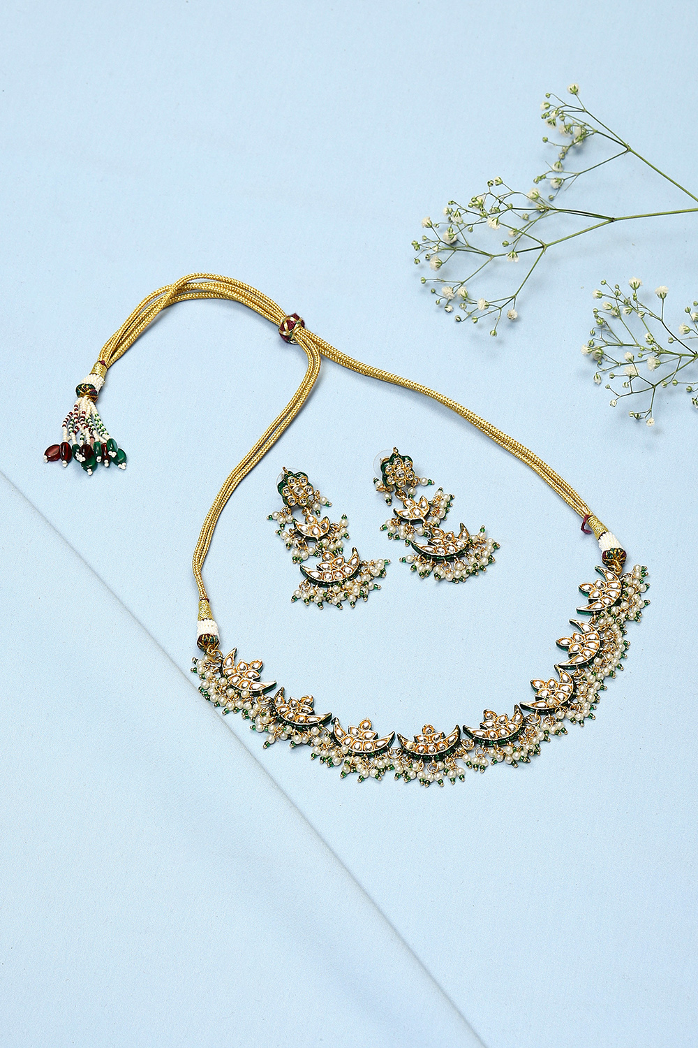 Gold & Green Brass Necklace Set image number 0