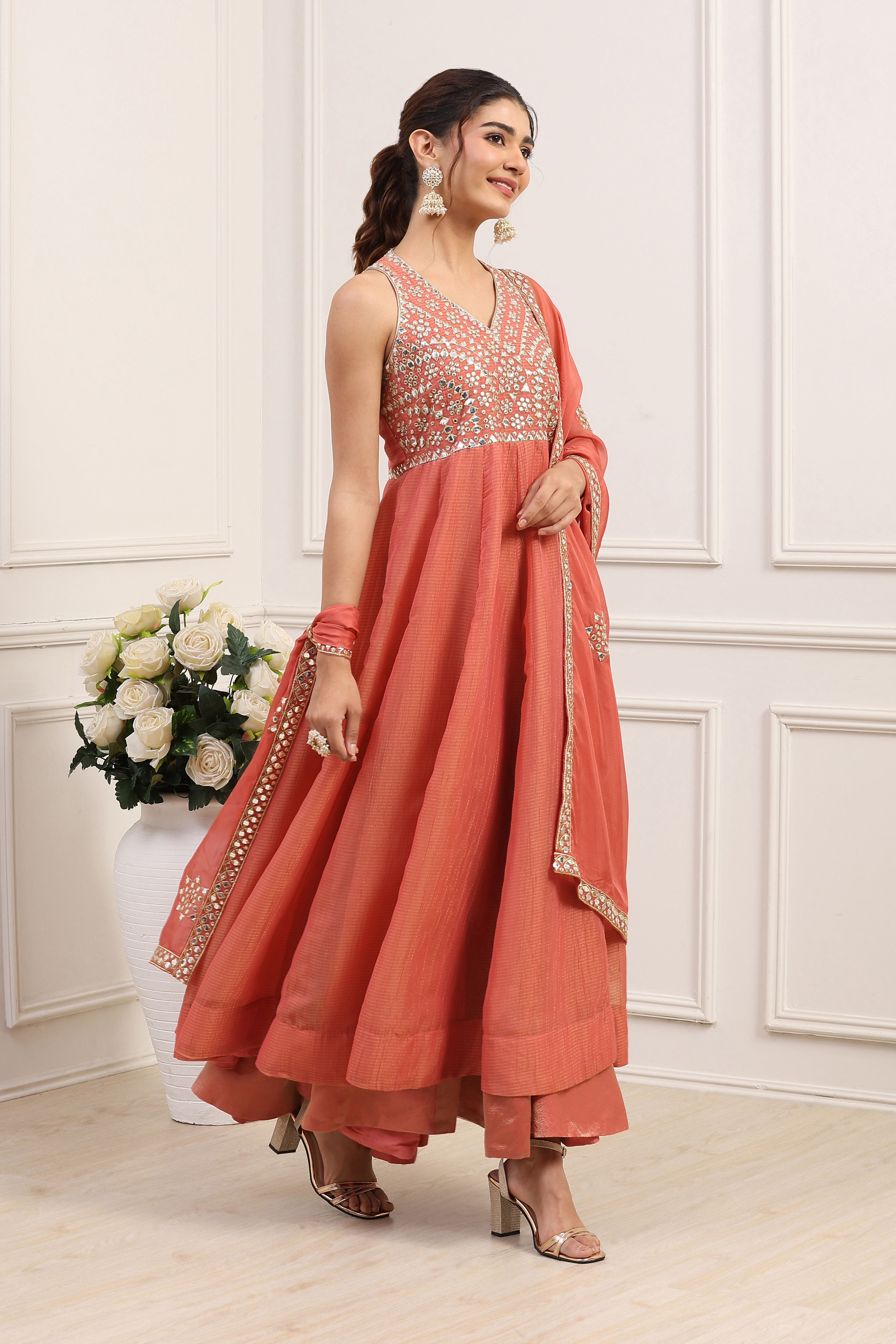 Coral Pink Poly Tissue Mirror Work Anarkali Dress With Dupatta image number 4