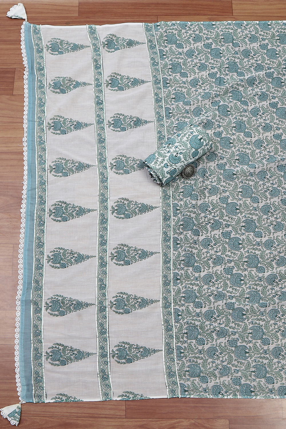 White Cotton Hand Block Print Unstitched Suit Set image number 3
