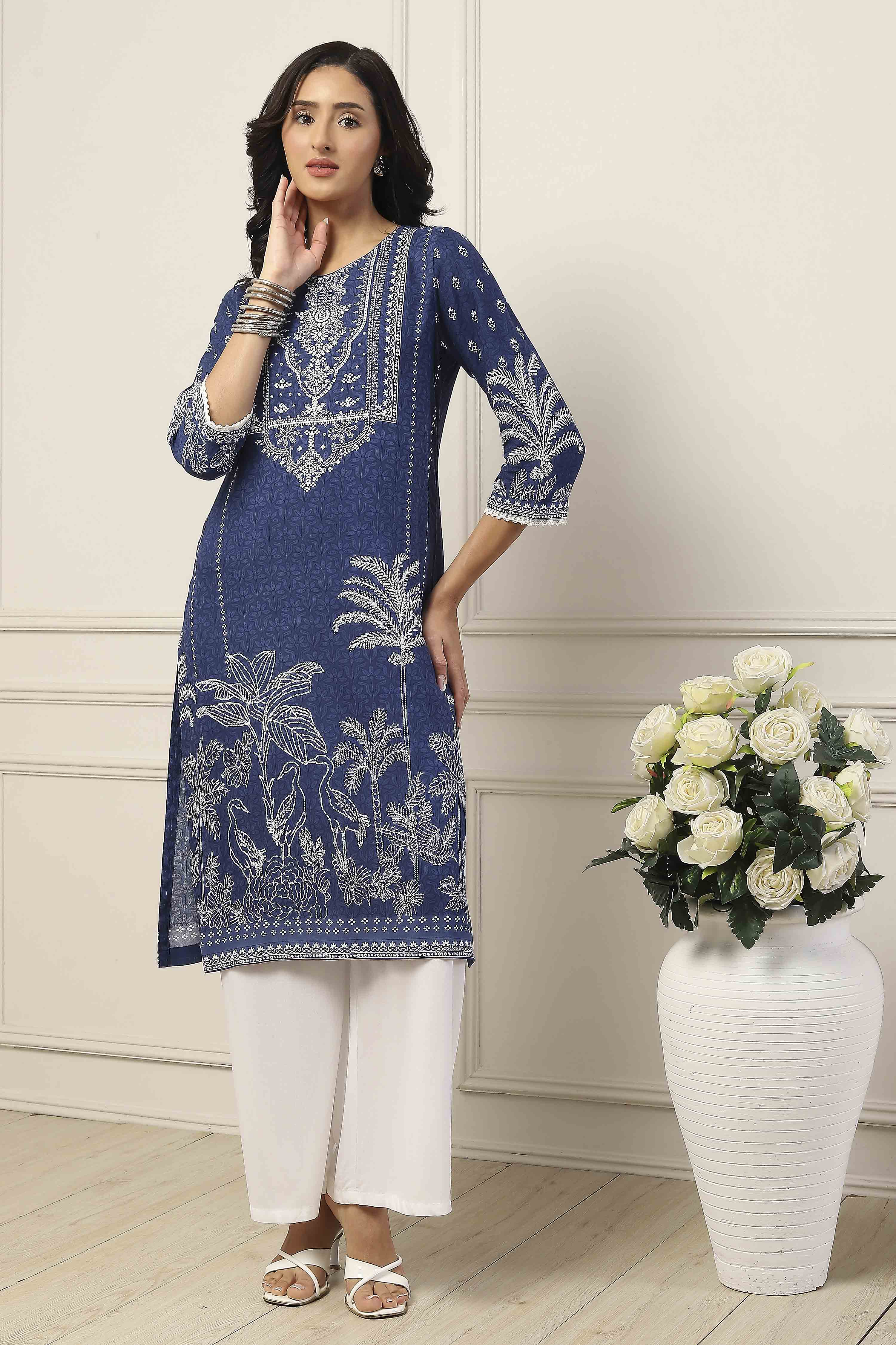 Blue Viscose Rayon Floral Printed Straight Kurta image number 5