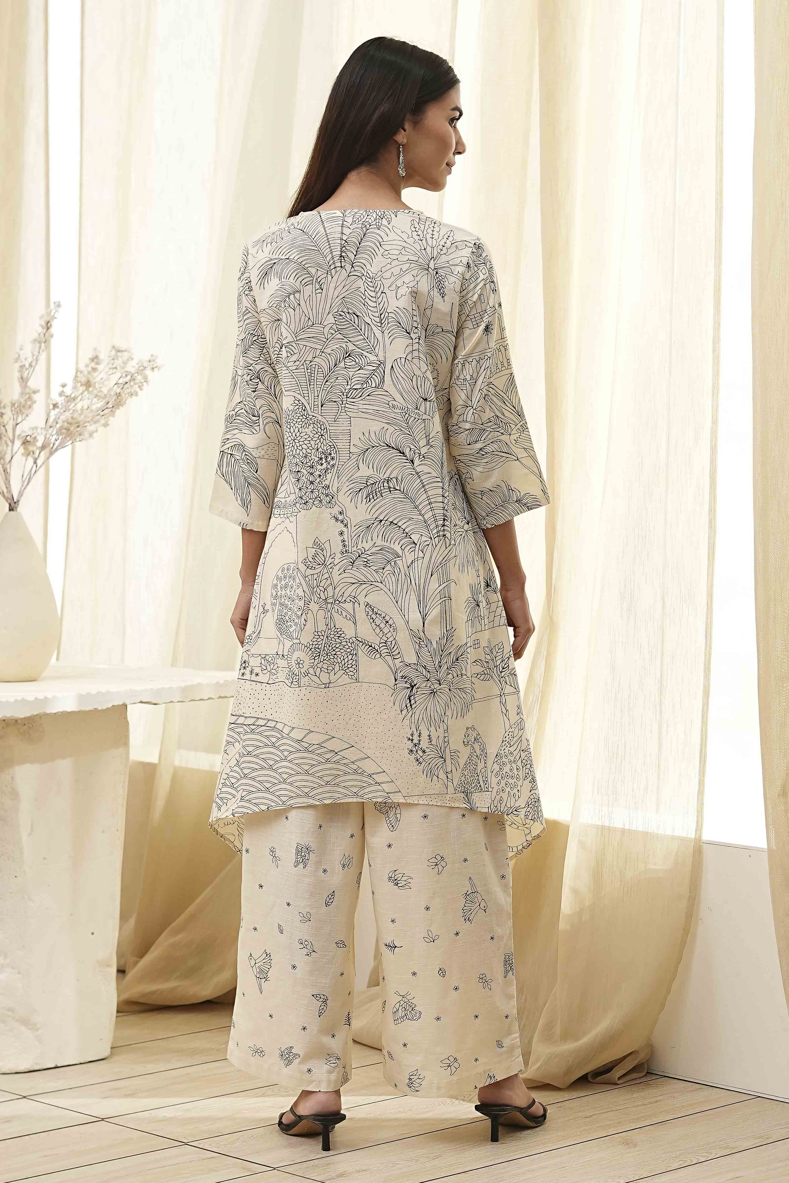 Off-White Cotton Straight Printed Kurta Set image number 4
