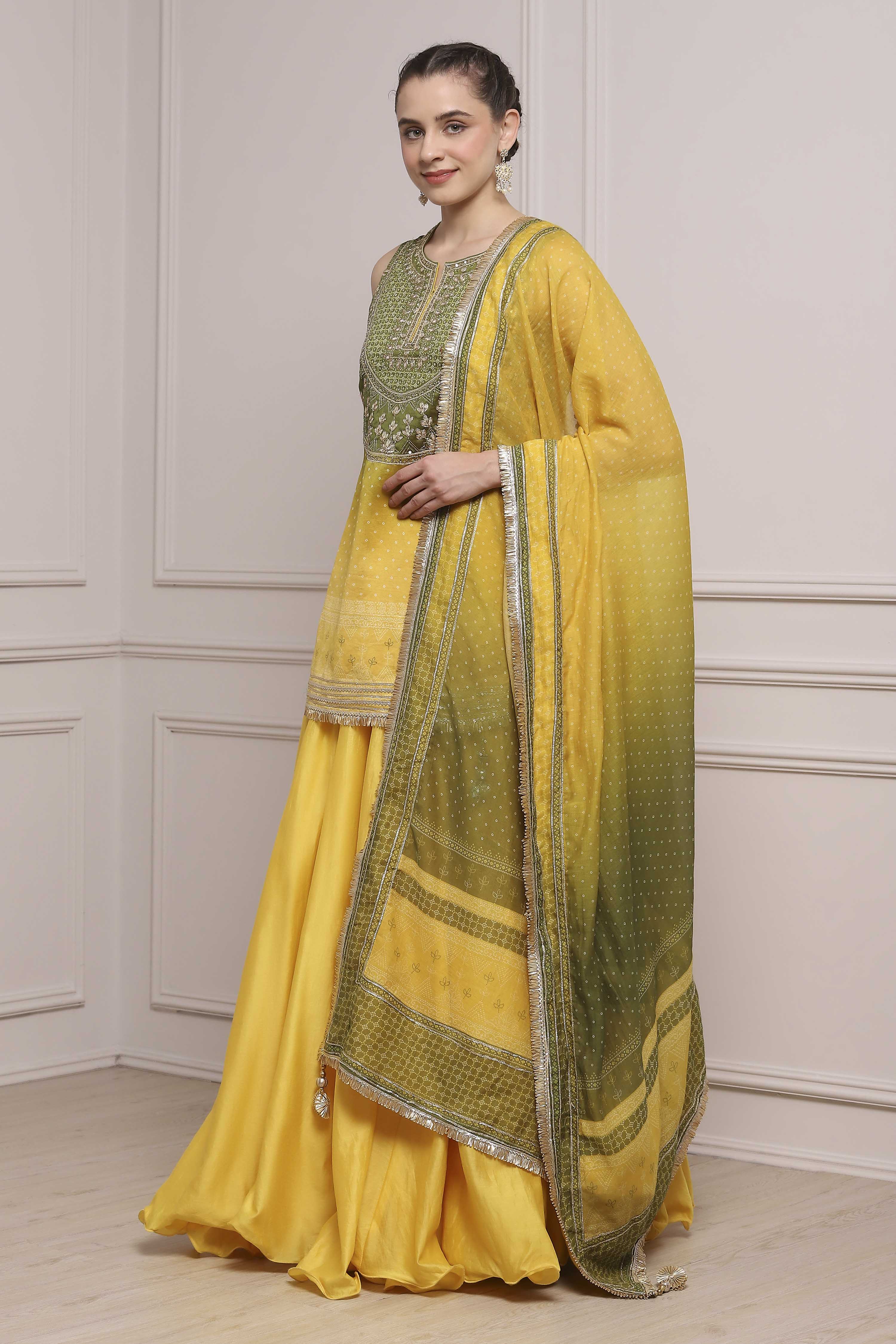 Yellow Olive Cotton Silk Straight Lehenga Set image number 3