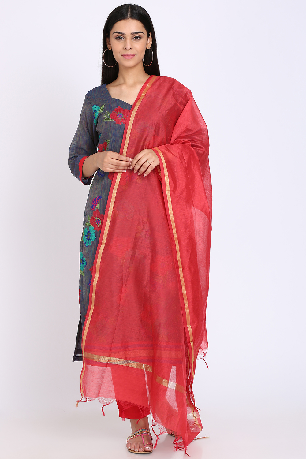 Yellow Chanderi Hand Embroidered Unstitched Suit Set image number 0