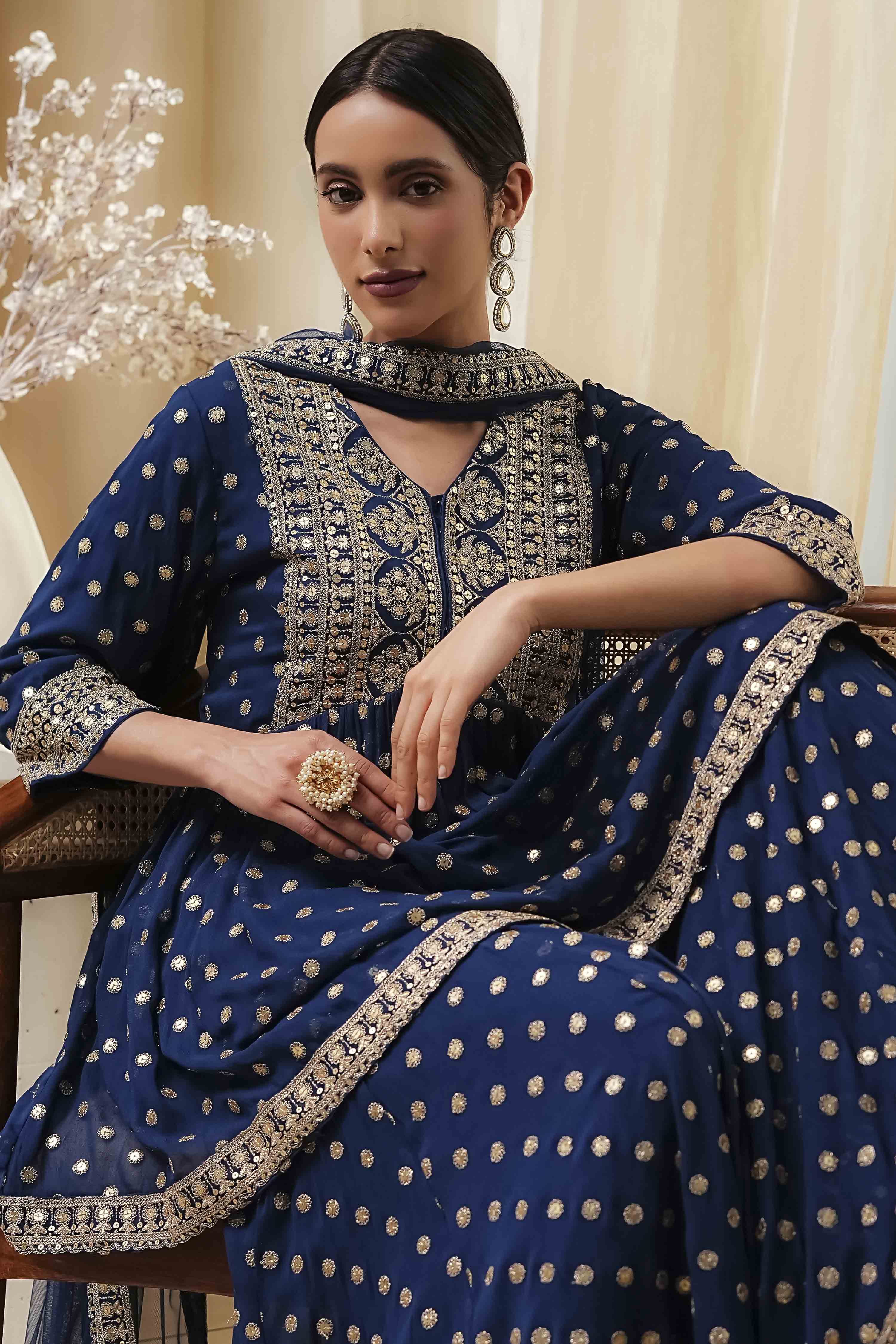 Ivory Georgette Embroidered Peplum Suit Set image number 8