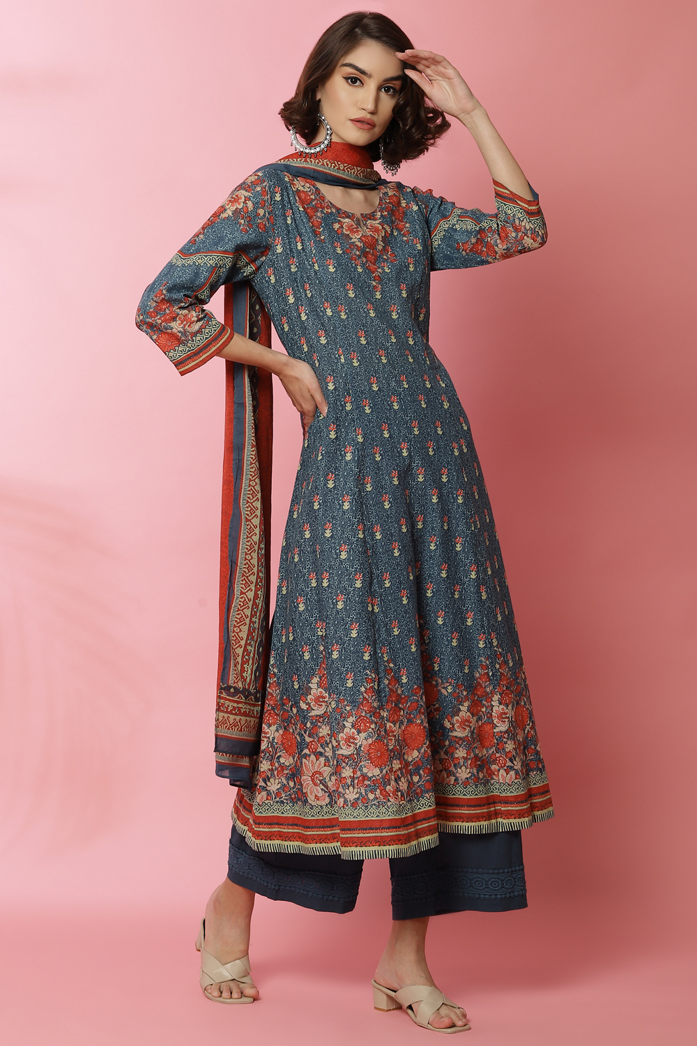 Blue Cotton Kalidar Kurta Palazzo Suit Set image number 0