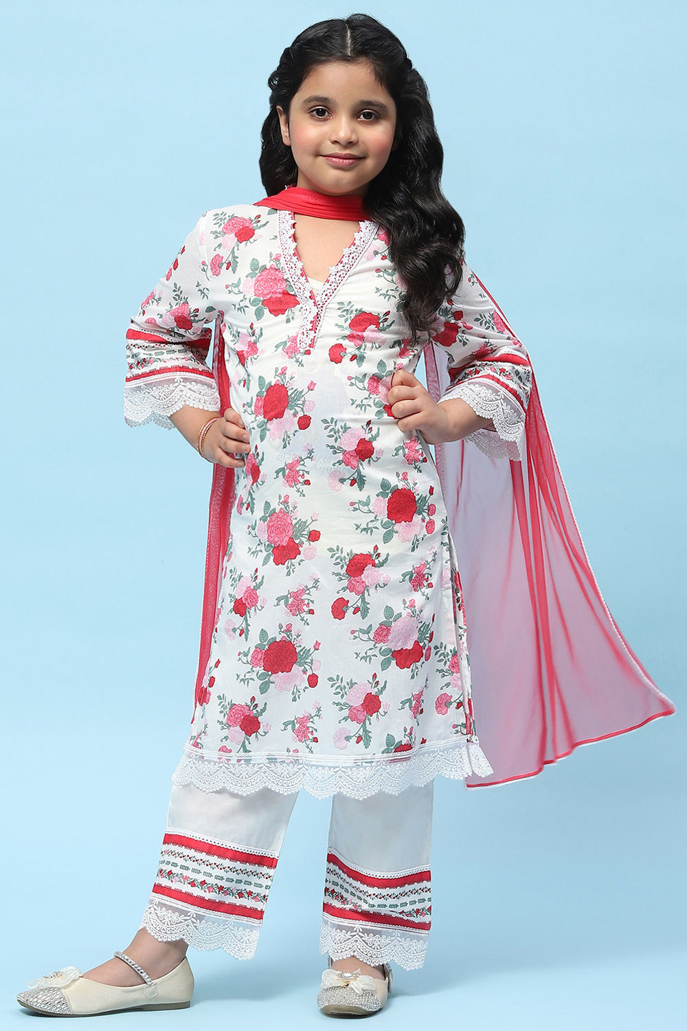 White Cotton Floral Printed Kurta and Palazzo Suit Set image number 0