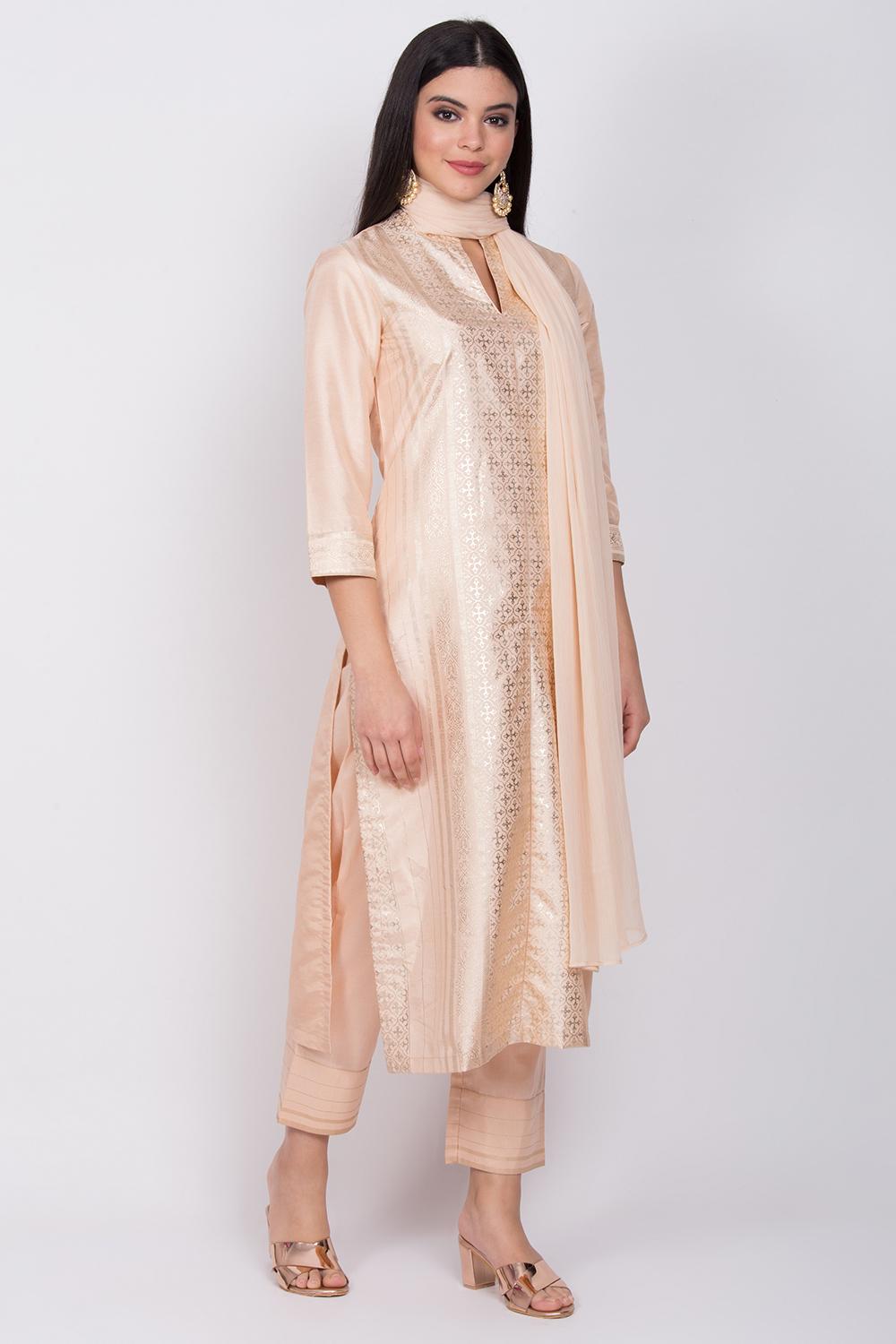 Beige Straight Kurta Regular Pant Suit Set image number 3