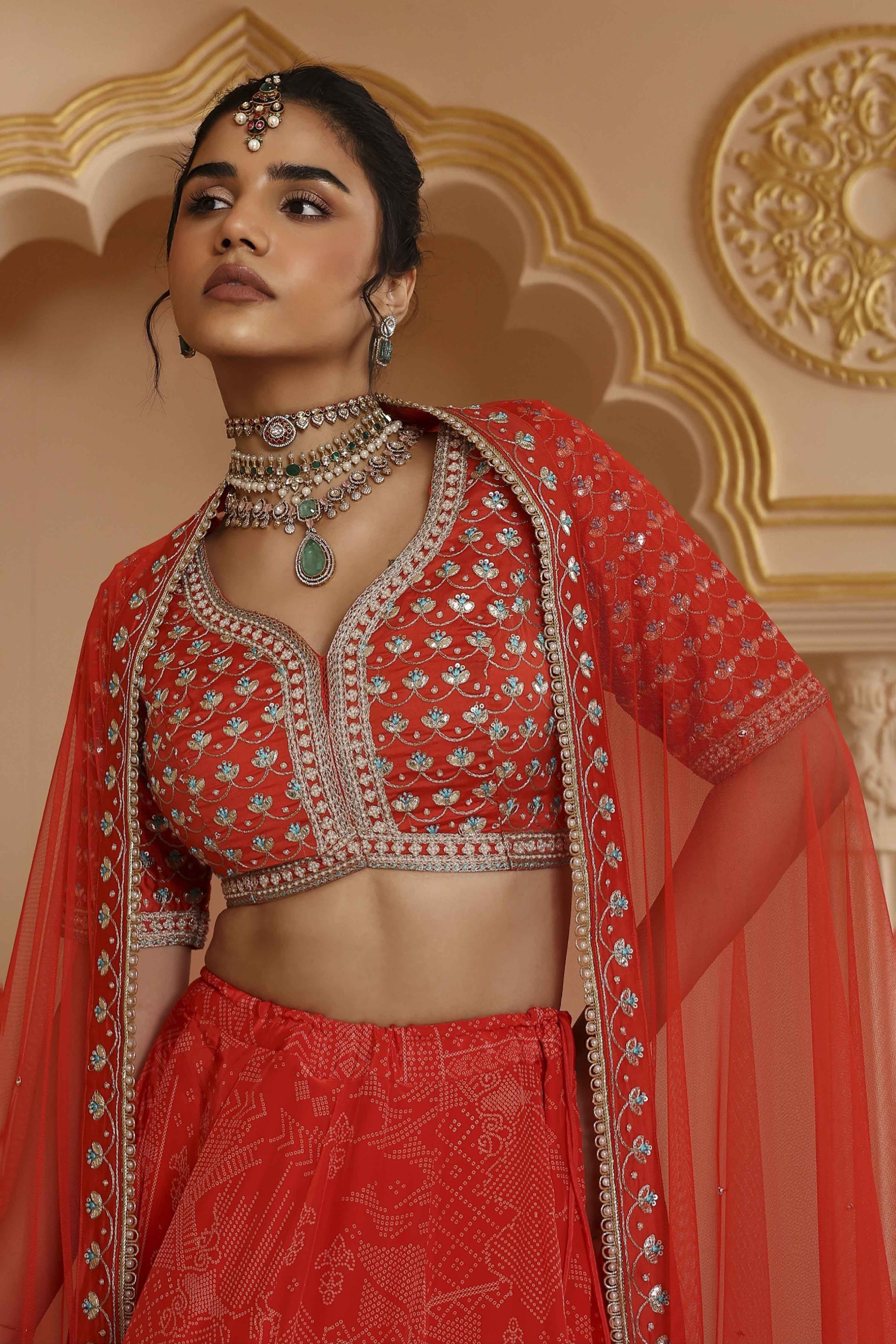 Red Chanderi Digital Printed Lehenga Set image number 8