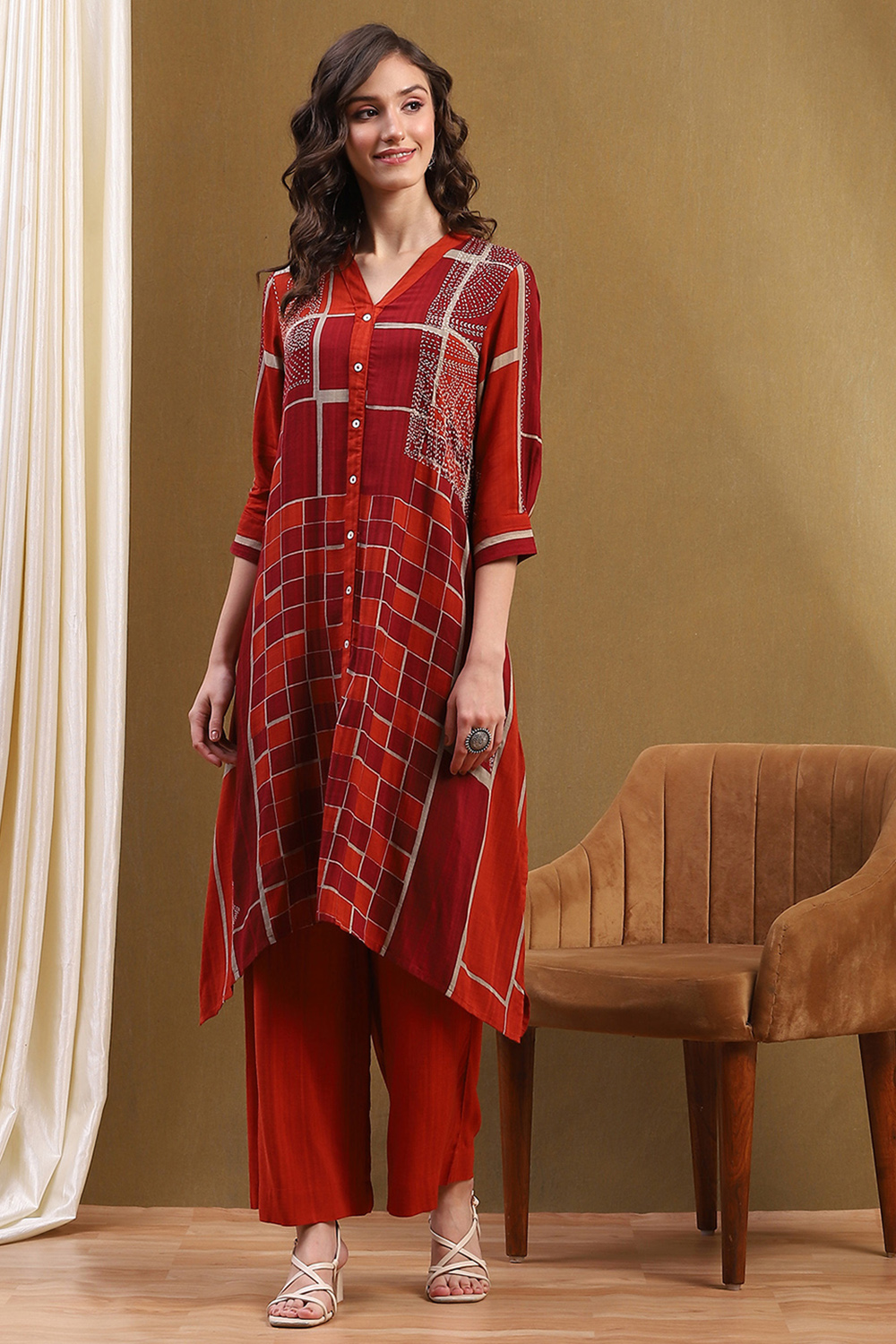 Red Geometric Hand-Blocked Printed Straight Kurta Set image number 0