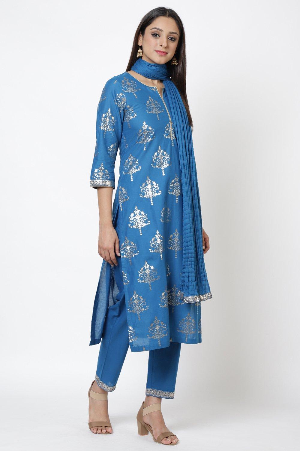 Royal Blue Straight Kurta Regular Pants Suit Set image number 3