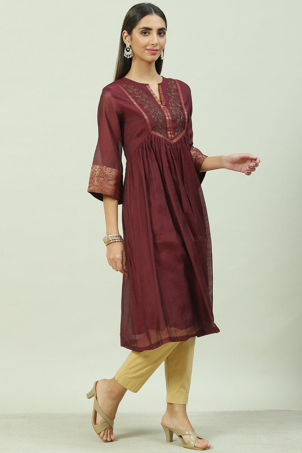 Wine Art Silk A-Line Yarndyed Kurta image number 3