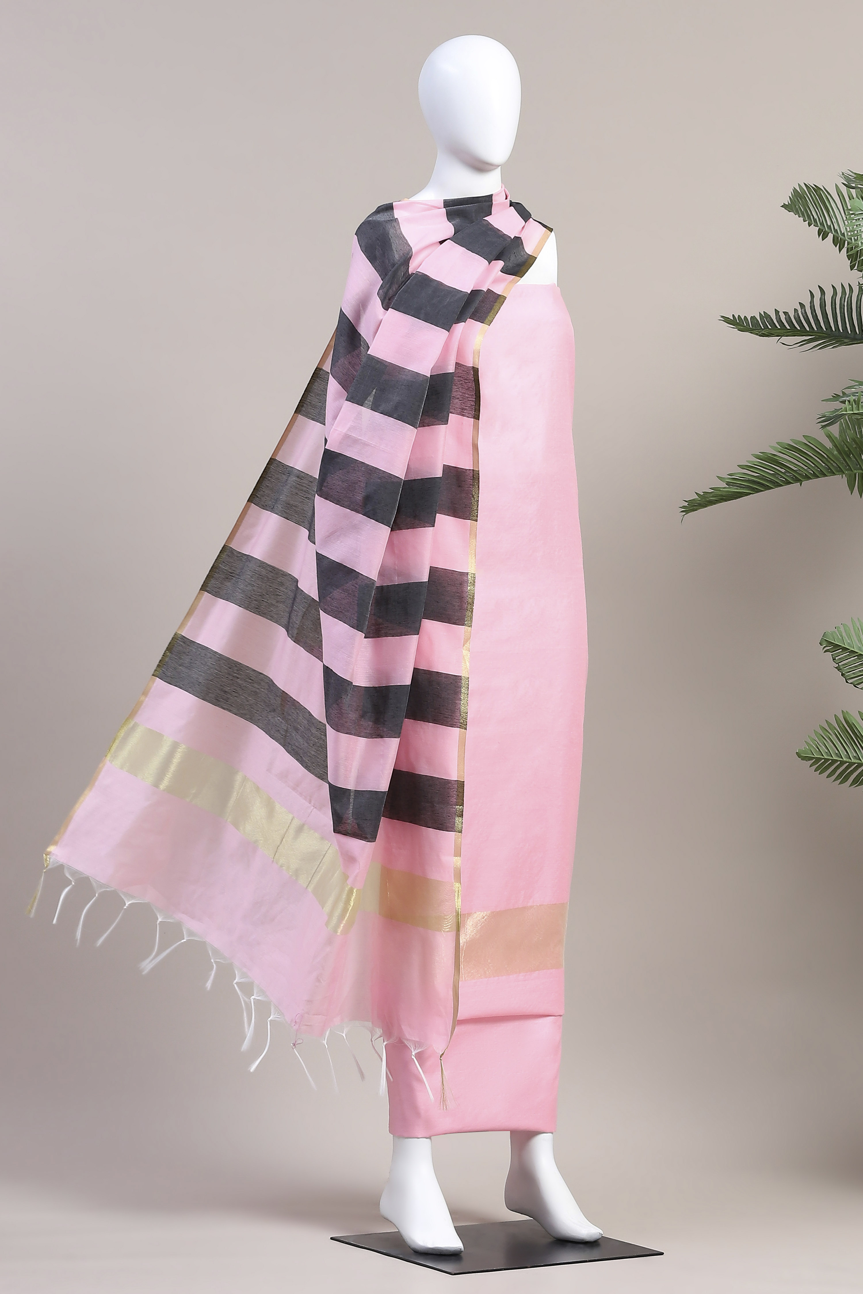 Hot Pink Cotton Printed Embroidered Unstitched Suit Set image number 4