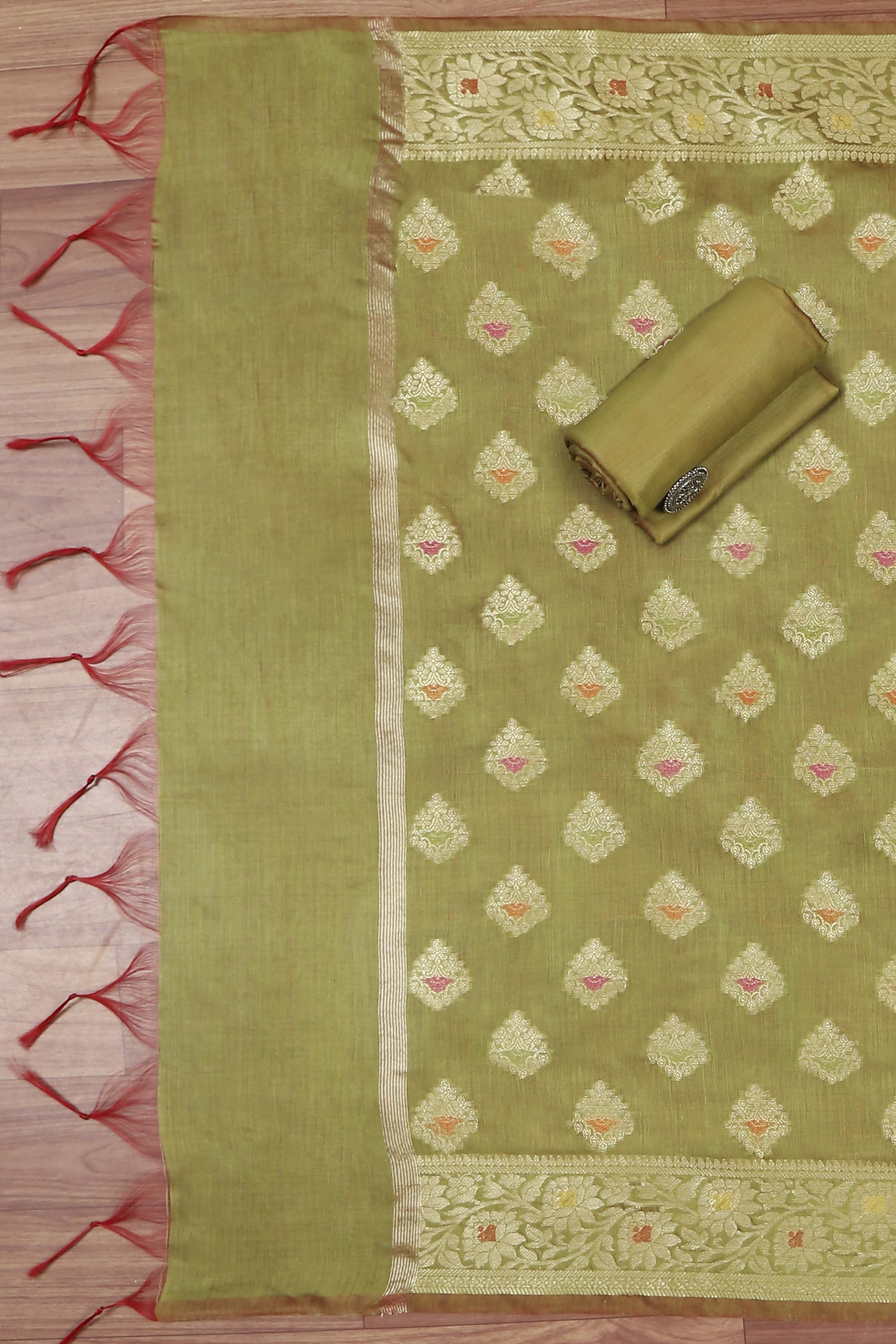 Hot Pink Poly Cotton Banarasi Unstitched Suit Set image number 3