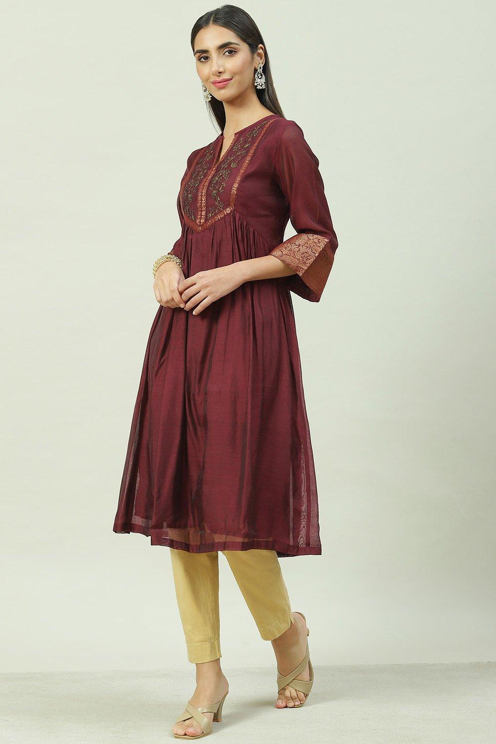 Wine Art Silk A-Line Yarndyed Kurta image number 2