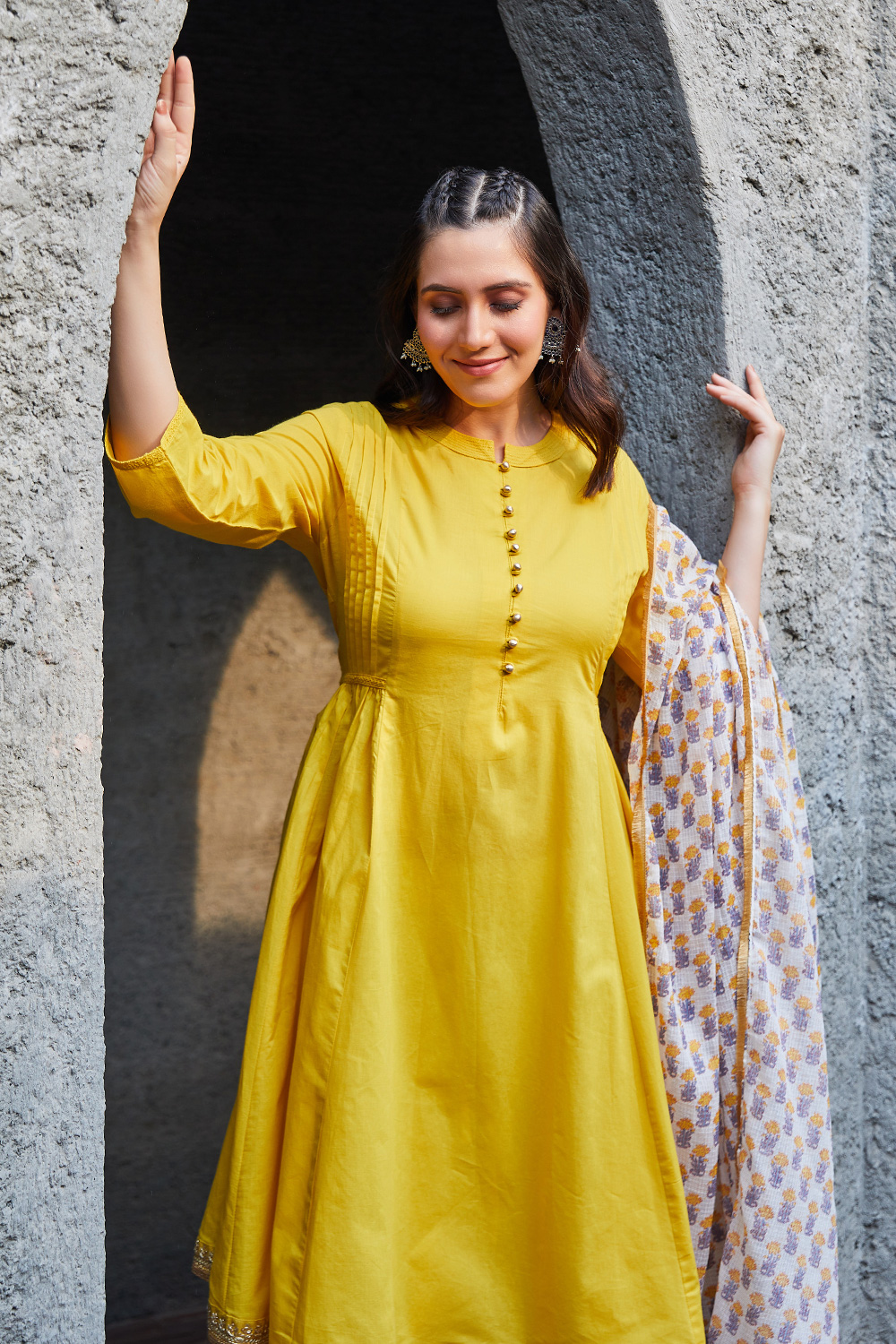 Yellow Cotton Gathered Kurta & Pants Suit Set image number 6