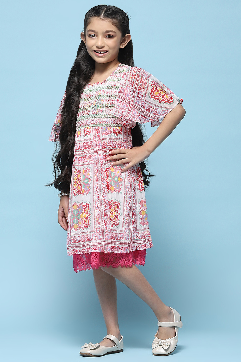 Pink Mosaic Printed Chiffon Dress With Smocking On Yoke image number 2