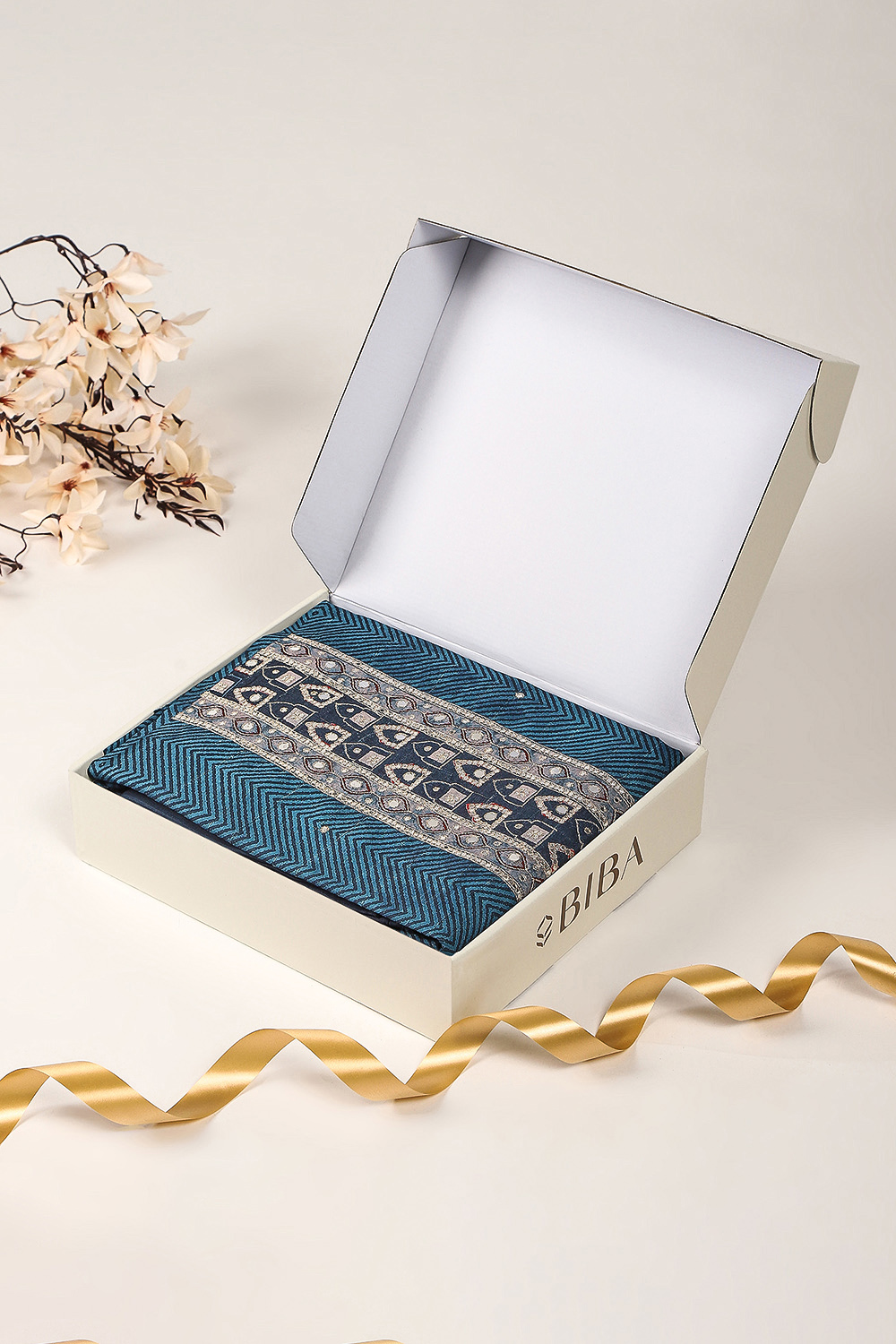 Blue Chanderi Printed Unstitched Suit Set image number 0