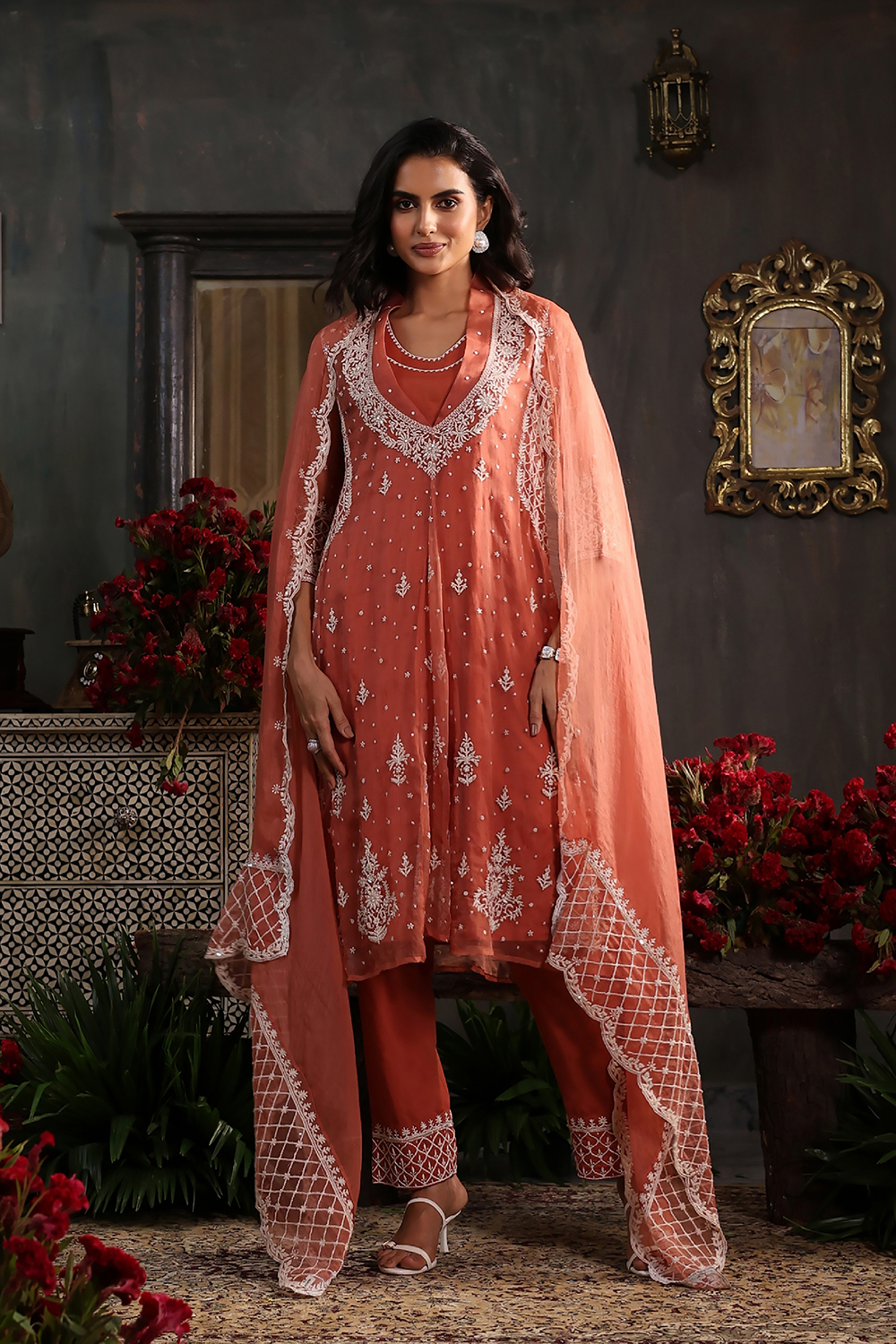 Burnt Orange Embroidered Organza Kalidar Suit Set image number 6