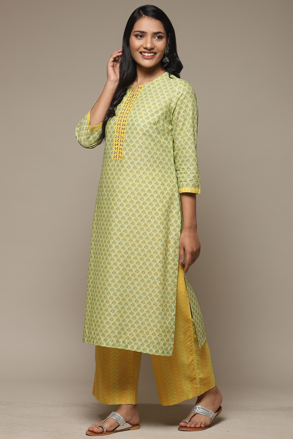 Off White Cotton Straight Kurta Palazzo Suit Set image number 0