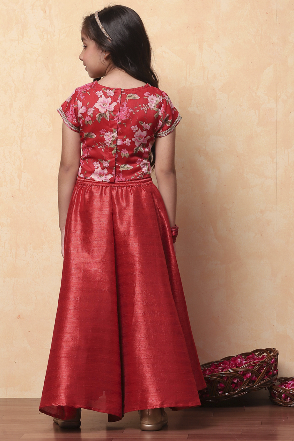 Red Floral Printed Flared Festive Lehenga Set image number 4
