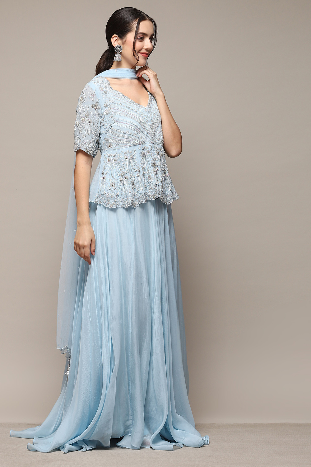 Powder Blue Viscose Short Kurta Skirt Suit Set image number 5